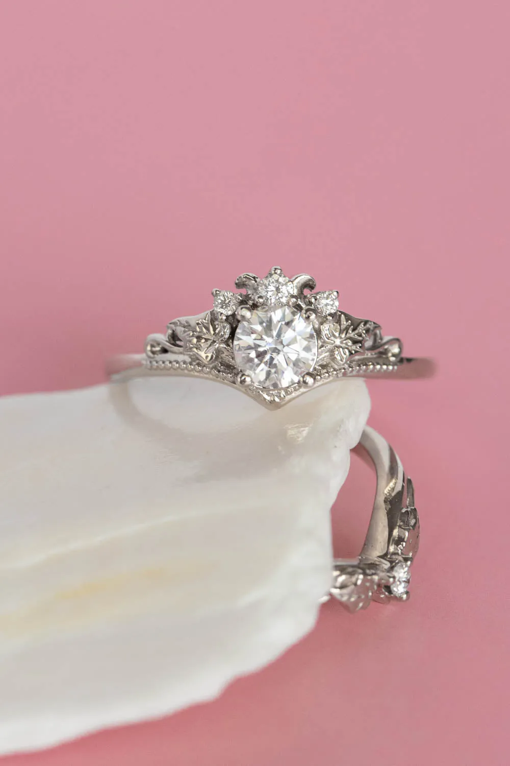 READY TO SHIP: Ariadne ring set in 14K white gold, round cut moissanite 5 mm, moissanites, RING SIZE - 8 US