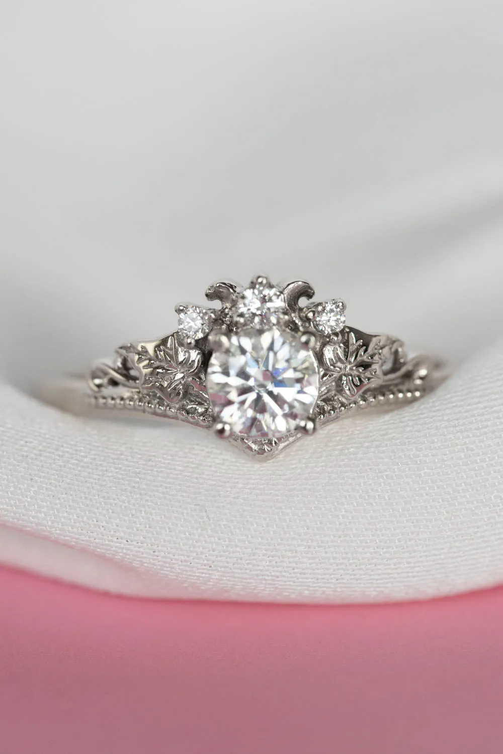 READY TO SHIP: Ariadne ring set in 14K white gold, round cut moissanite 5 mm, moissanites, RING SIZE - 8 US