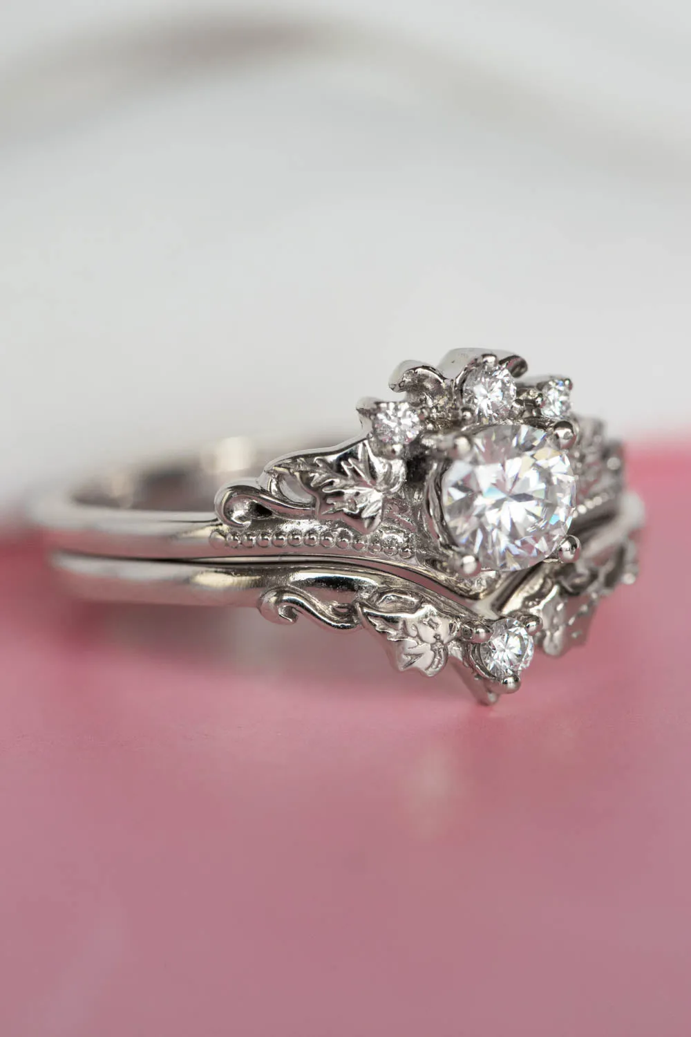 READY TO SHIP: Ariadne ring set in 14K white gold, round cut moissanite 5 mm, moissanites, RING SIZE - 8 US