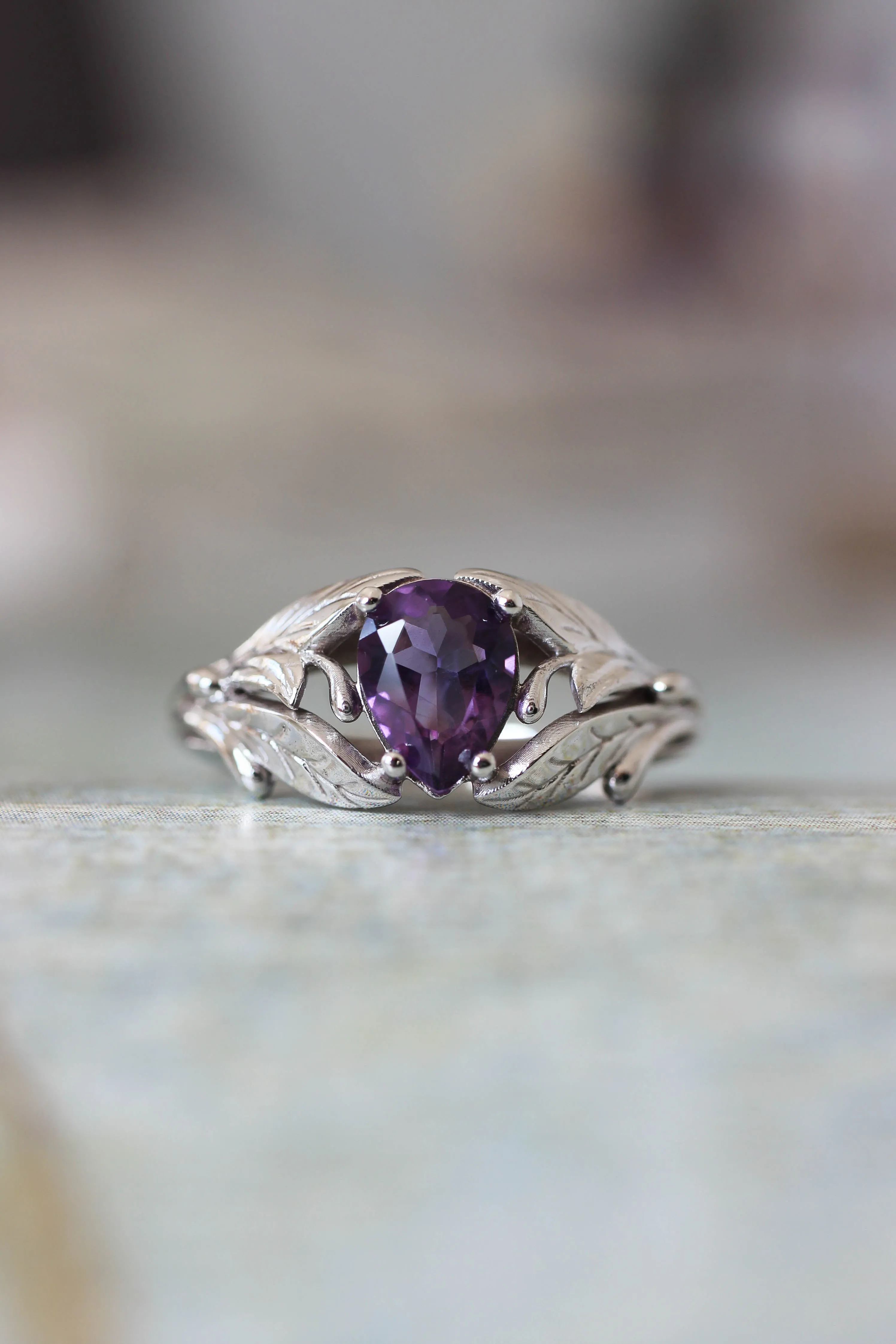 READY TO SHIP: Wisteria in 18K white gold, pear amethyst 7x5 mm, RING SIZE - 6.75 US