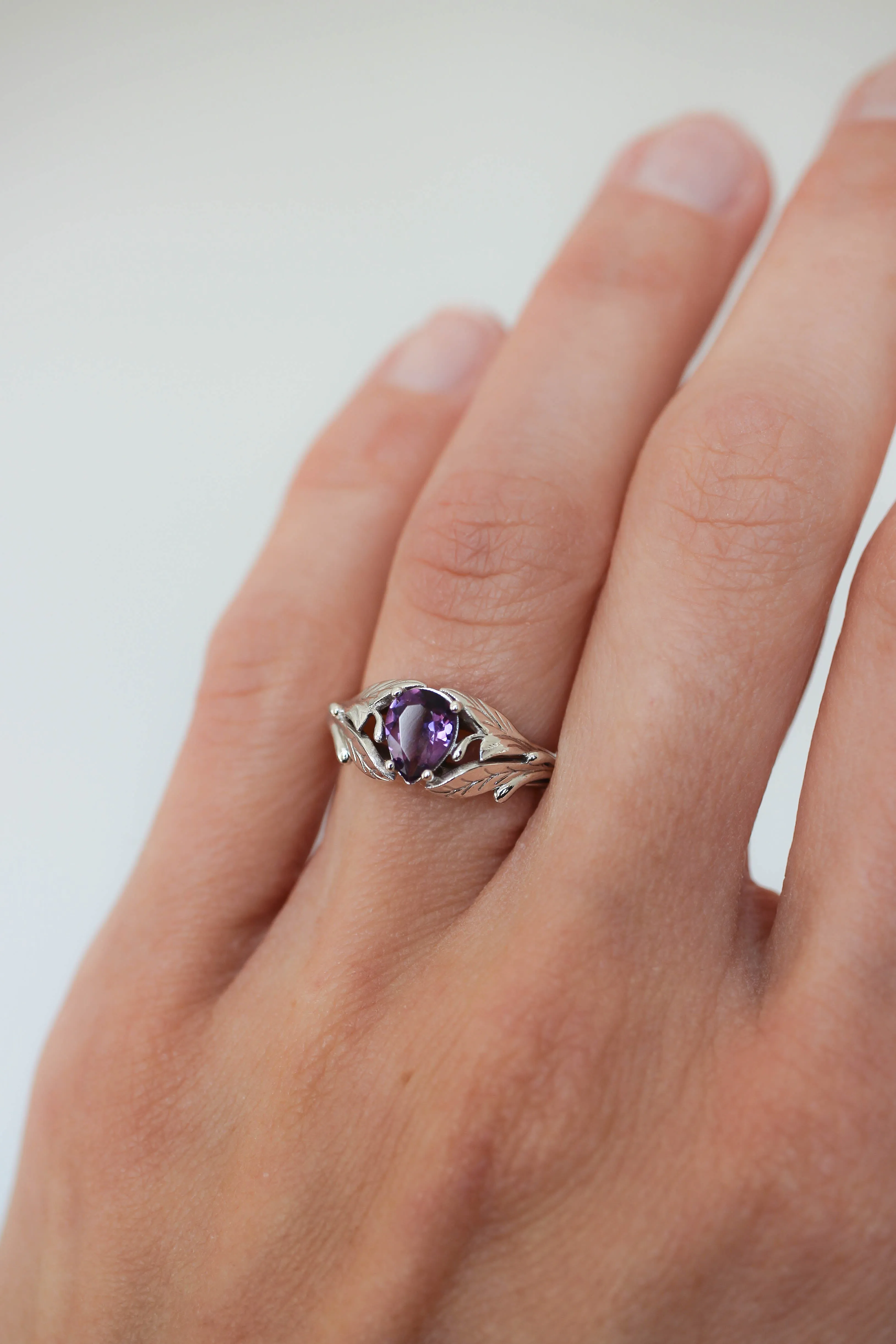 READY TO SHIP: Wisteria in 18K white gold, pear amethyst 7x5 mm, RING SIZE - 6.75 US