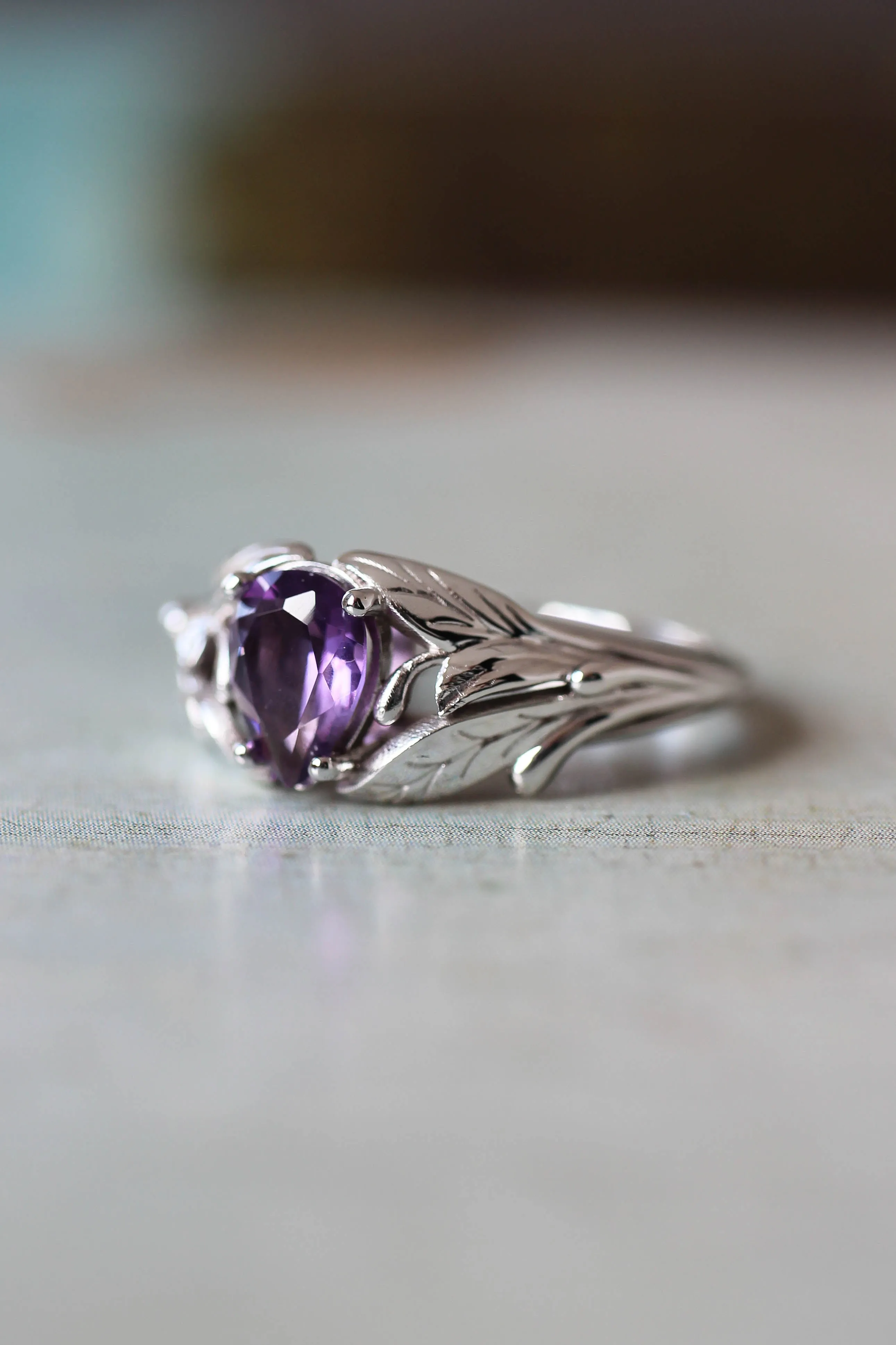 READY TO SHIP: Wisteria in 18K white gold, pear amethyst 7x5 mm, RING SIZE - 6.75 US