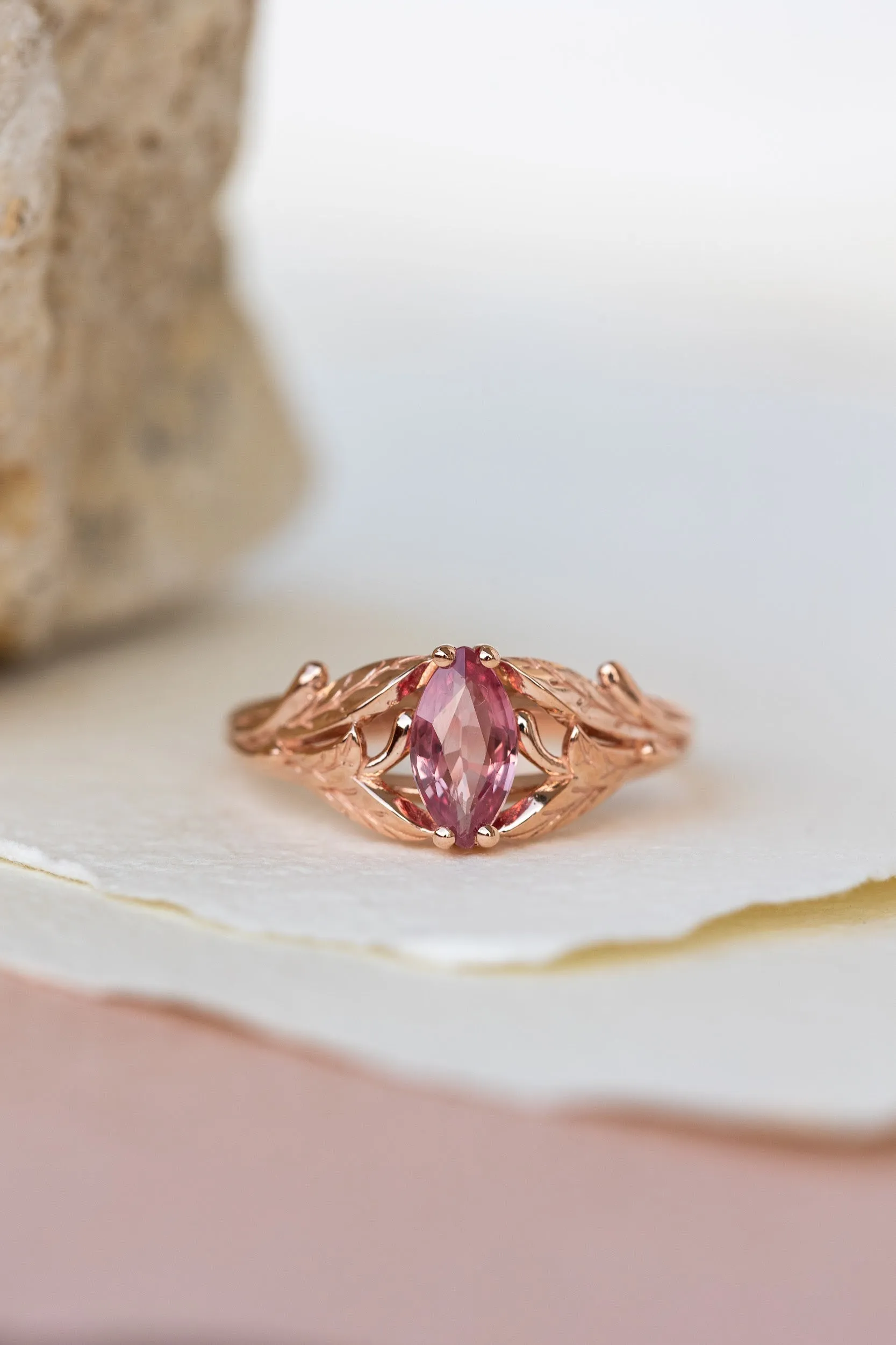 READY TO SHIP: Wisteria ring in 14K rose gold, natural pink sapphire marquise cut 8x4 mm, AVAILABLE SIZES: 6-8US