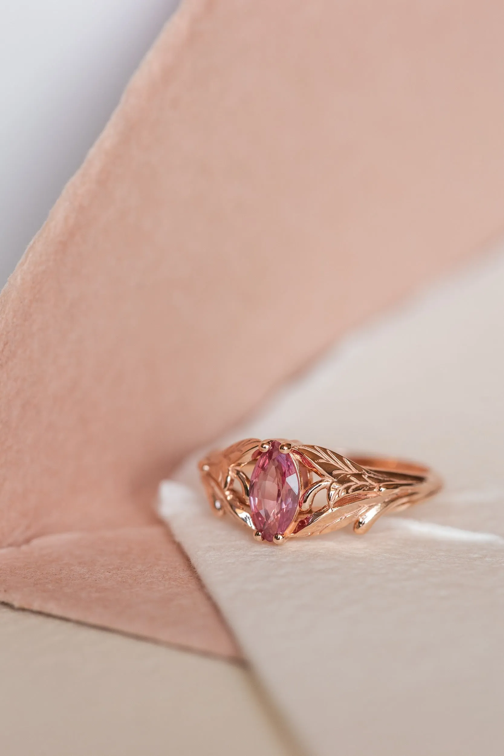 READY TO SHIP: Wisteria ring in 14K rose gold, natural pink sapphire marquise cut 8x4 mm, AVAILABLE SIZES: 6-8US