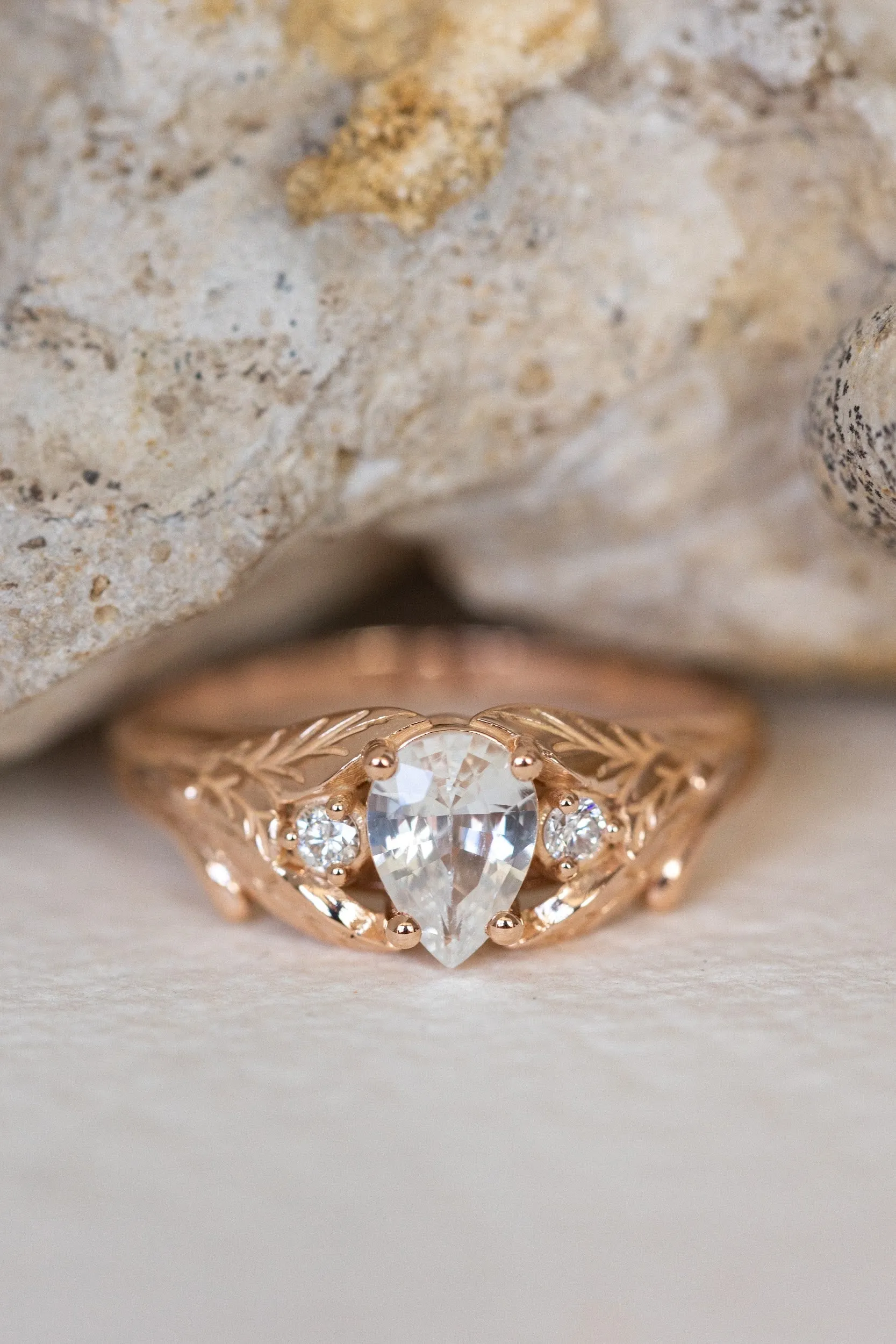 READY TO SHIP: Wisteria ring in 14K rose gold, natural white sapphire pear cut 7x5 mm, accent natural diamonds, AVAILABLE RING SIZES: 6-8US