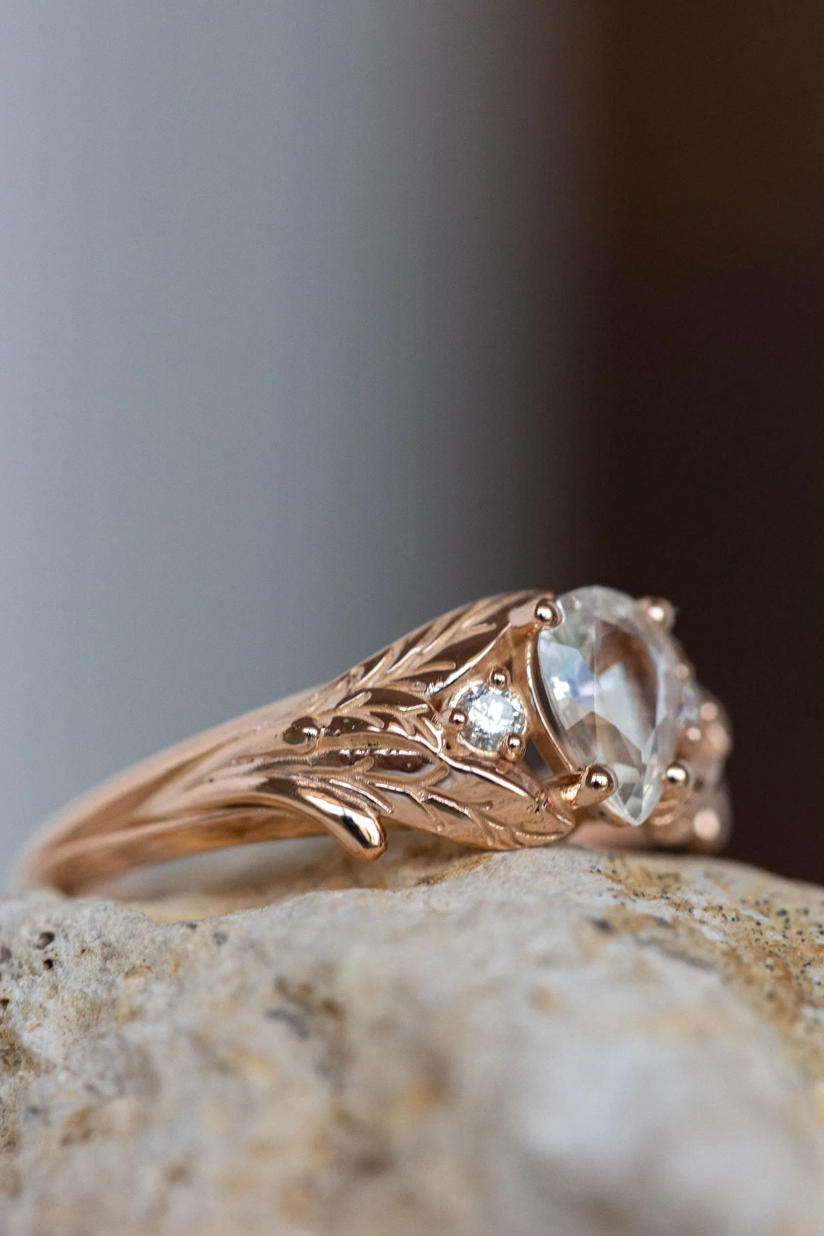 READY TO SHIP: Wisteria ring in 14K rose gold, natural white sapphire pear cut 7x5 mm, accent natural diamonds, AVAILABLE RING SIZES: 6-8US