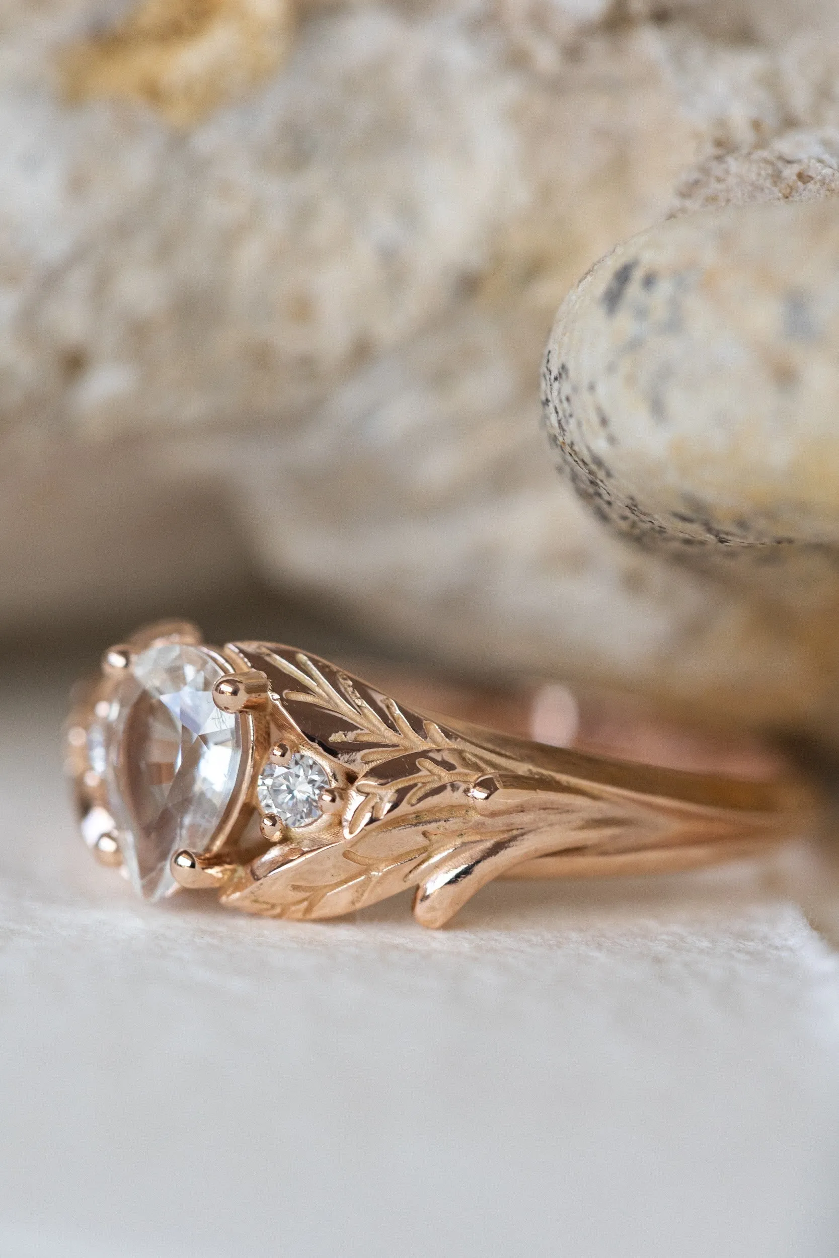 READY TO SHIP: Wisteria ring in 14K rose gold, natural white sapphire pear cut 7x5 mm, accent natural diamonds, AVAILABLE RING SIZES: 6-8US