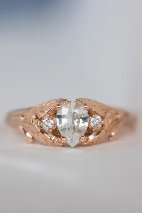 READY TO SHIP: Wisteria ring in 14K rose gold, natural white sapphire pear cut 7x5 mm, accent natural diamonds, AVAILABLE RING SIZES: 6-8US