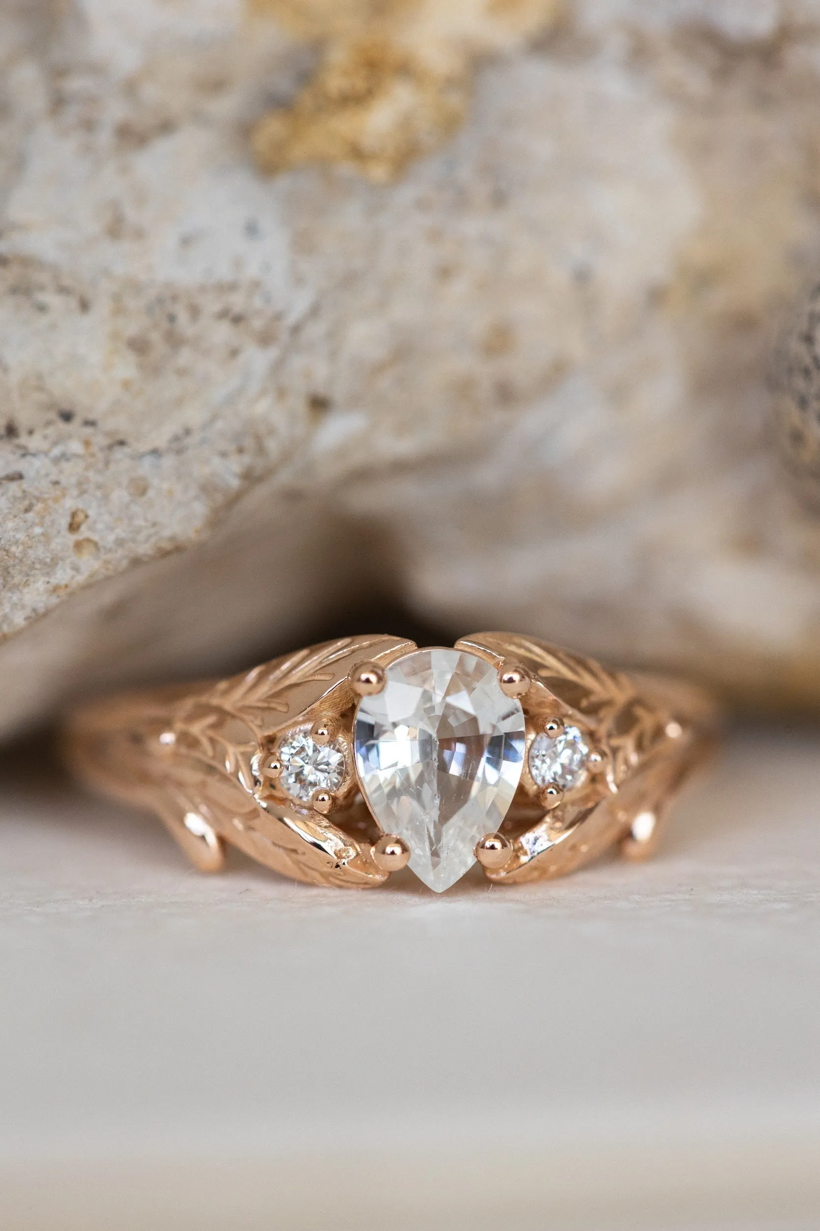 READY TO SHIP: Wisteria ring in 14K rose gold, natural white sapphire pear cut 7x5 mm, accent natural diamonds, AVAILABLE RING SIZES: 6-8US