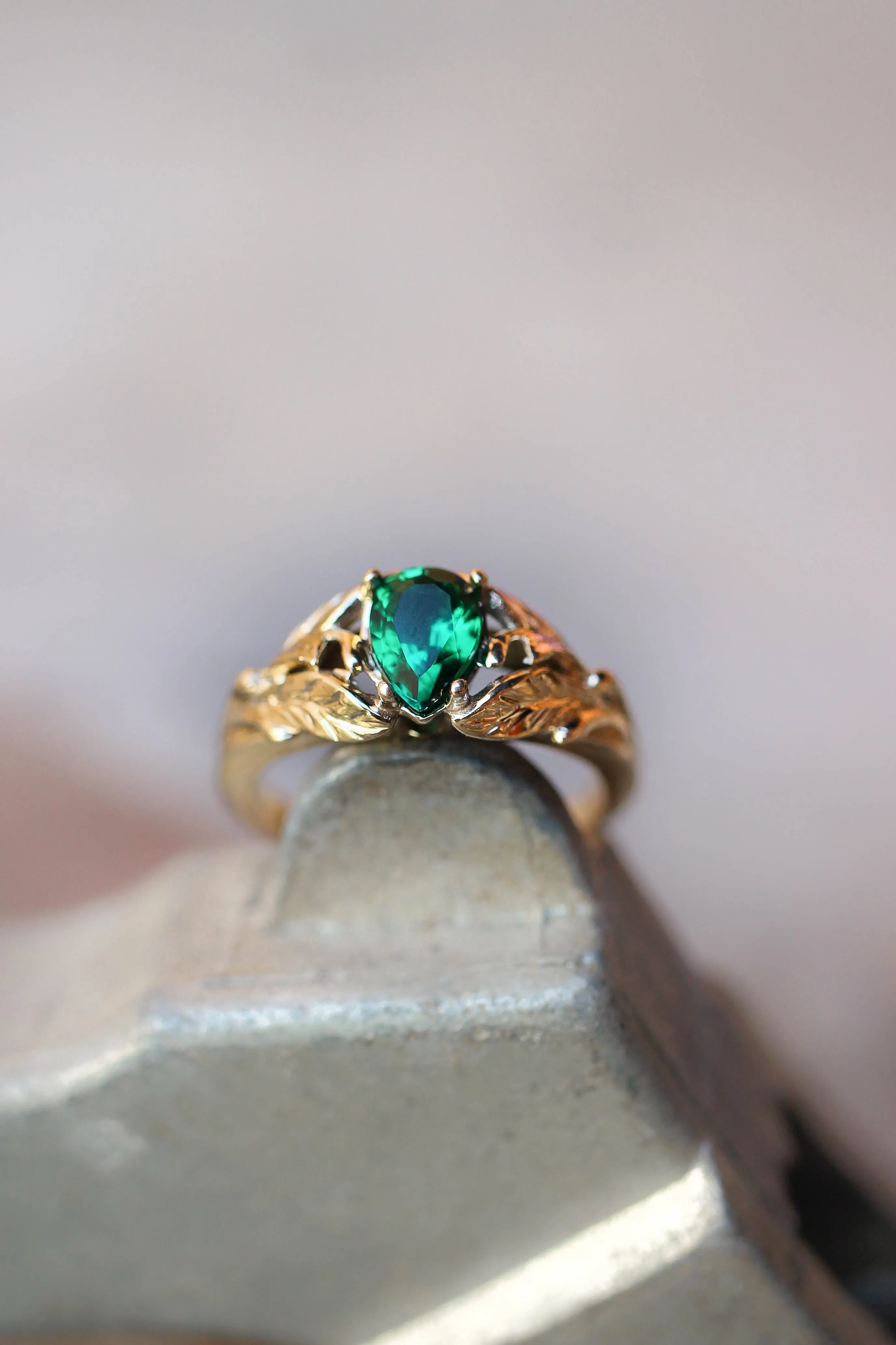 READY TO SHIP: Wisteria ring in 14K yellow gold, lab emerald pear 7x5 mm, AVAILABLE RING SIZES: 5.75-7.75US