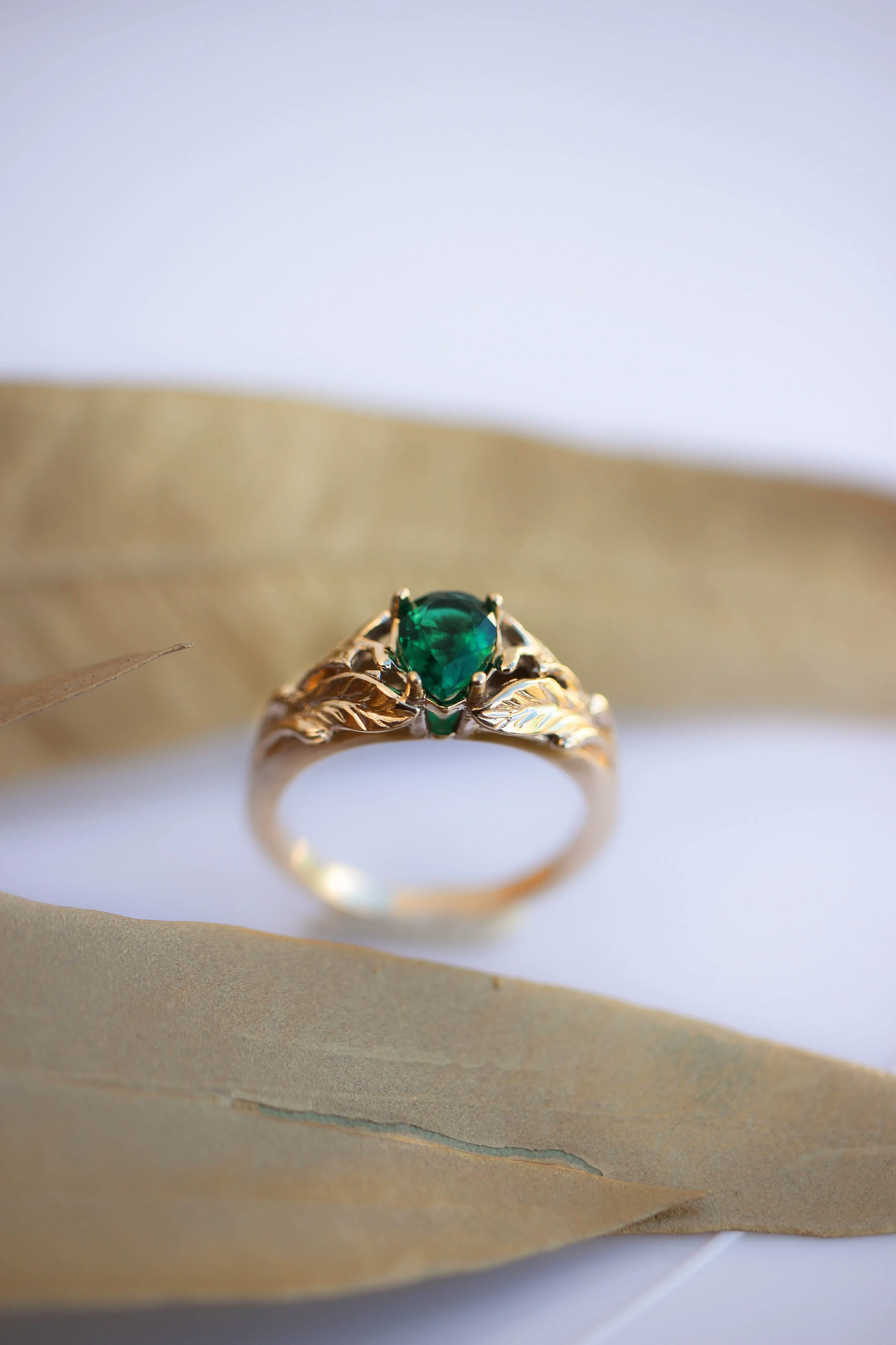 READY TO SHIP: Wisteria ring in 14K yellow gold, lab emerald pear 7x5 mm, AVAILABLE RING SIZES: 5.75-7.75US