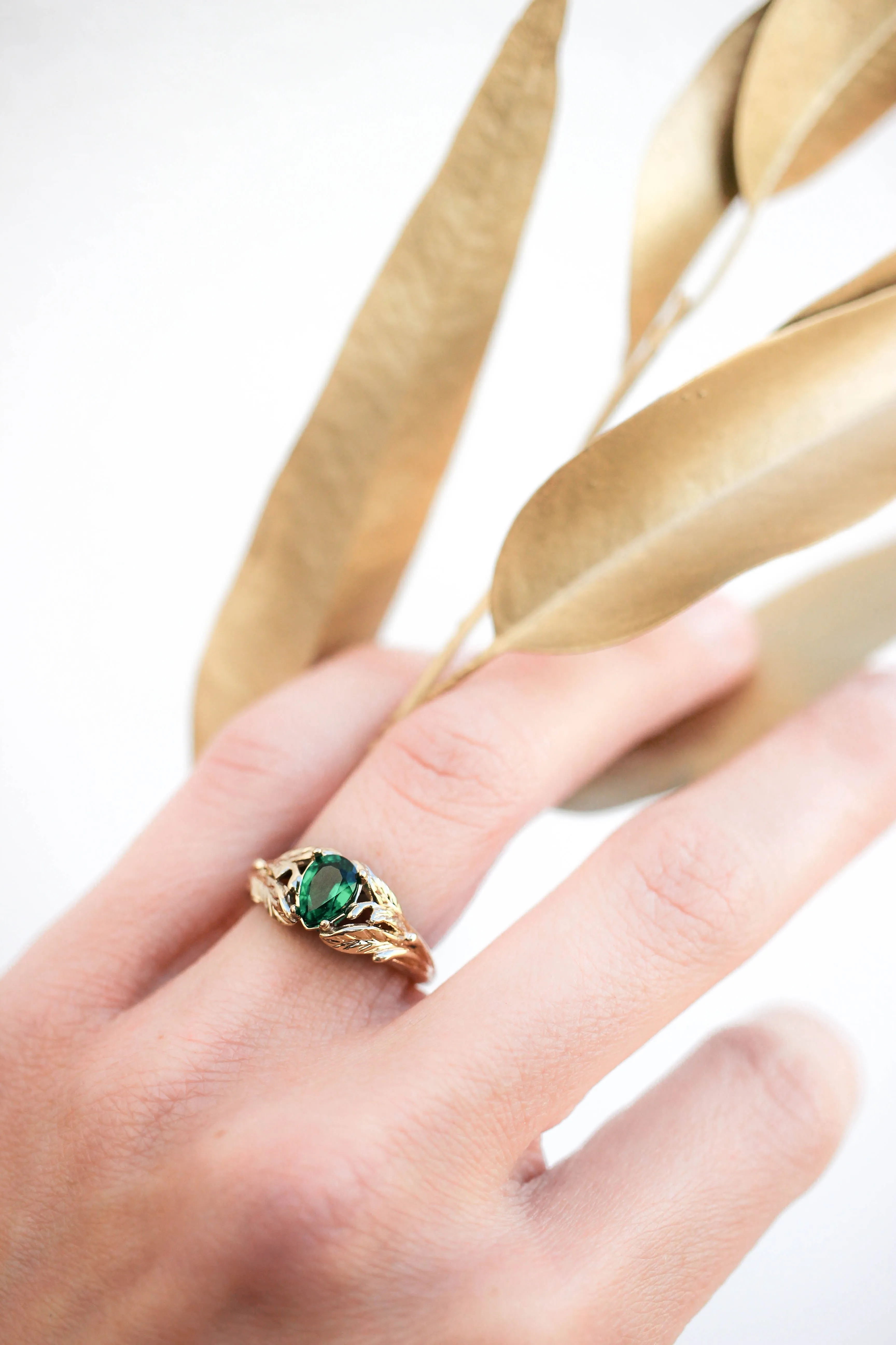 READY TO SHIP: Wisteria ring in 14K yellow gold, lab emerald pear 7x5 mm, AVAILABLE RING SIZES: 5.75-7.75US