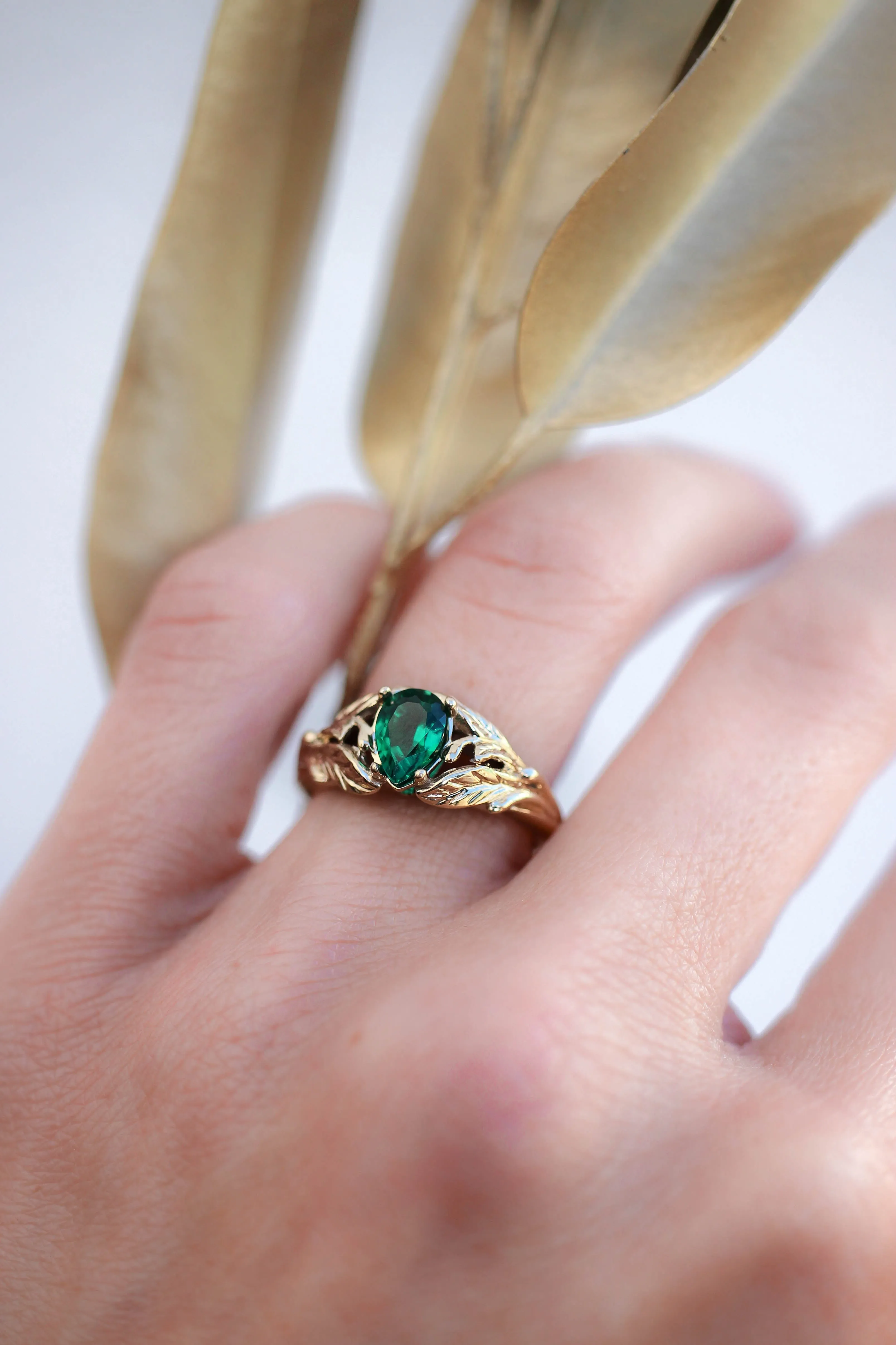 READY TO SHIP: Wisteria ring in 14K yellow gold, lab emerald pear 7x5 mm, AVAILABLE RING SIZES: 5.75-7.75US