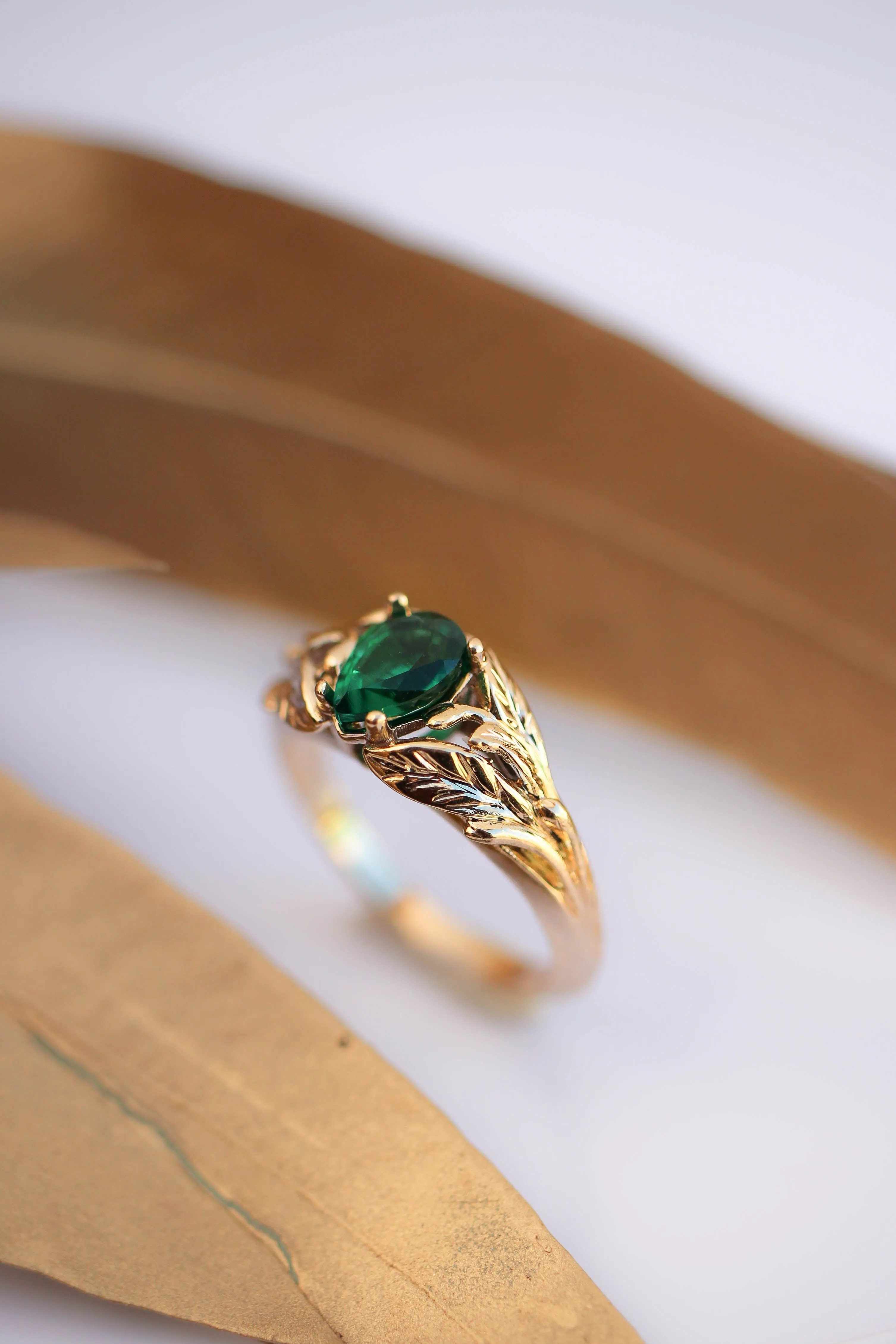 READY TO SHIP: Wisteria ring in 14K yellow gold, lab emerald pear 7x5 mm, AVAILABLE RING SIZES: 5.75-7.75US