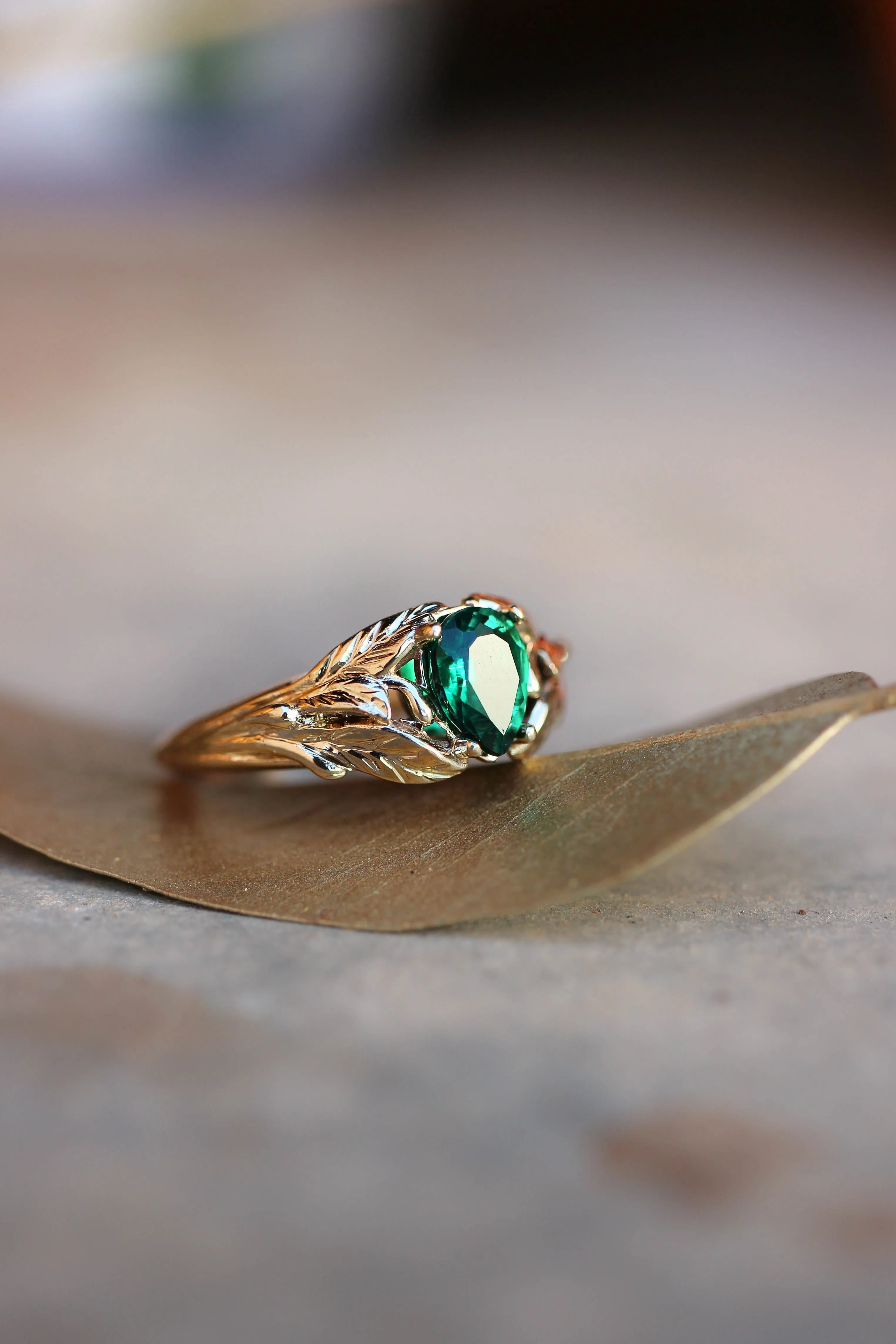 READY TO SHIP: Wisteria ring in 14K yellow gold, lab emerald pear 7x5 mm, AVAILABLE RING SIZES: 5.75-7.75US