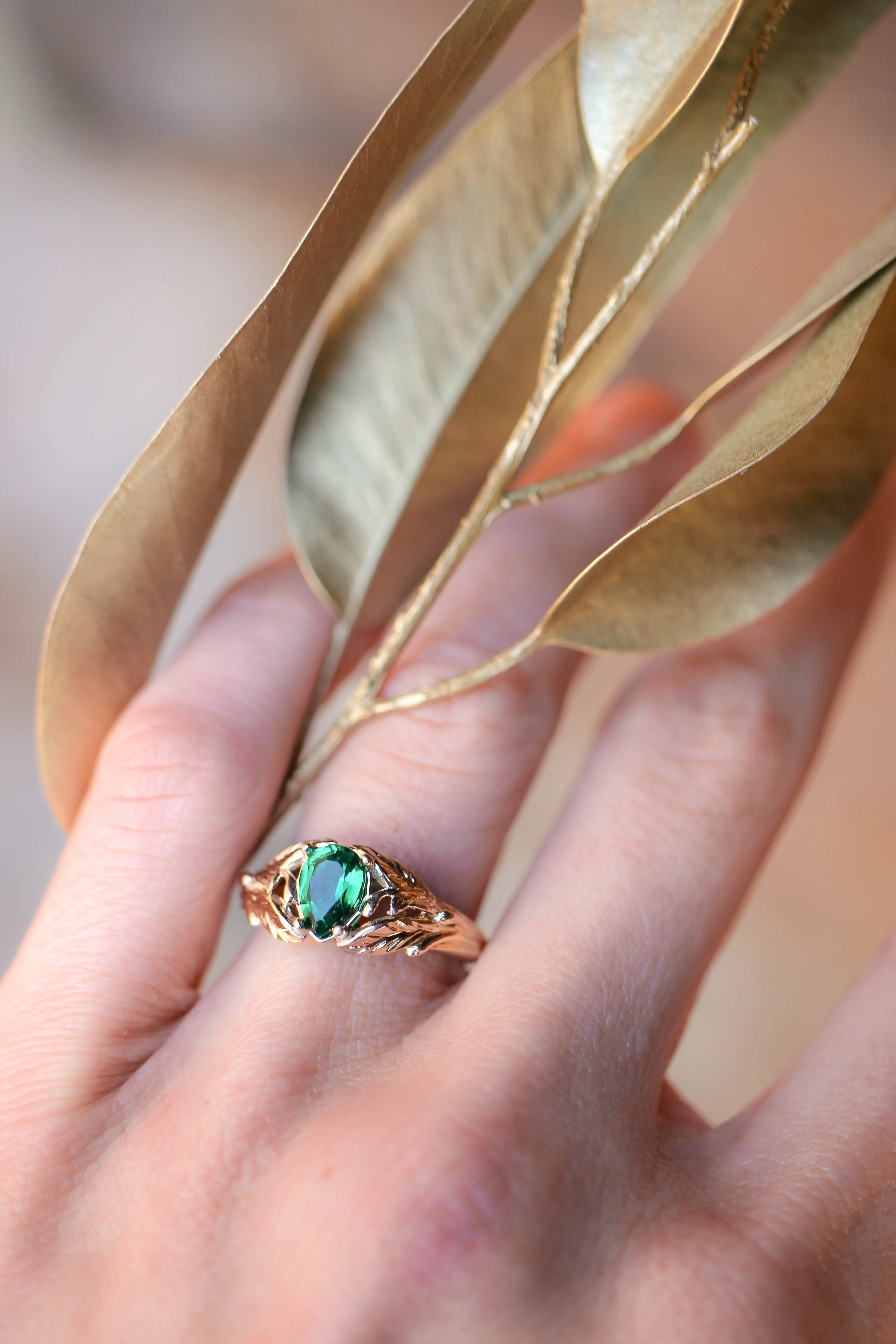 READY TO SHIP: Wisteria ring in 14K yellow gold, lab emerald pear 7x5 mm, AVAILABLE RING SIZES: 5.75-7.75US