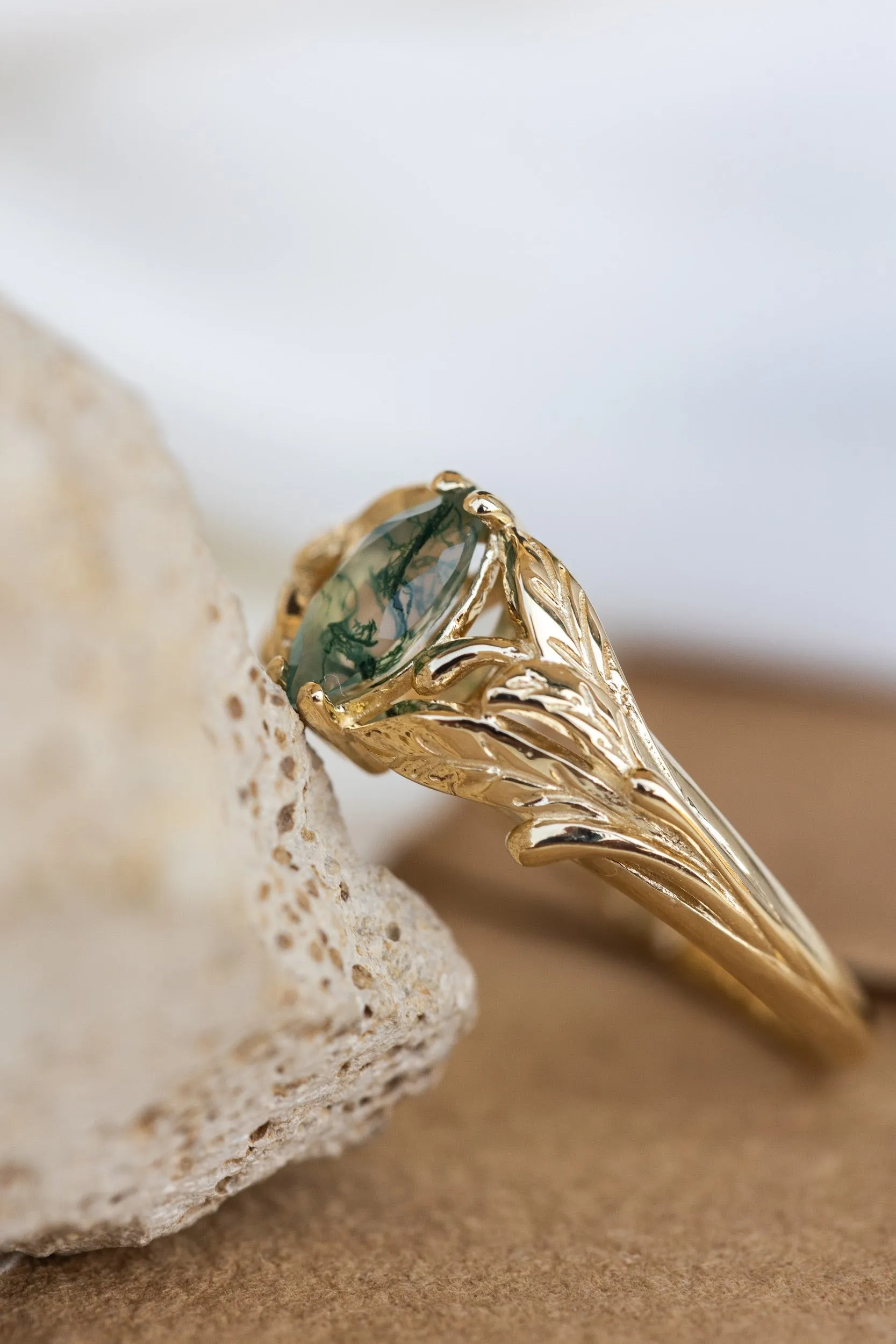 READY TO SHIP: Wisteria ring in 14K yellow gold, natural moss agate marquise cut 8x4 mm, AVAILABLE SIZES: 6-8US