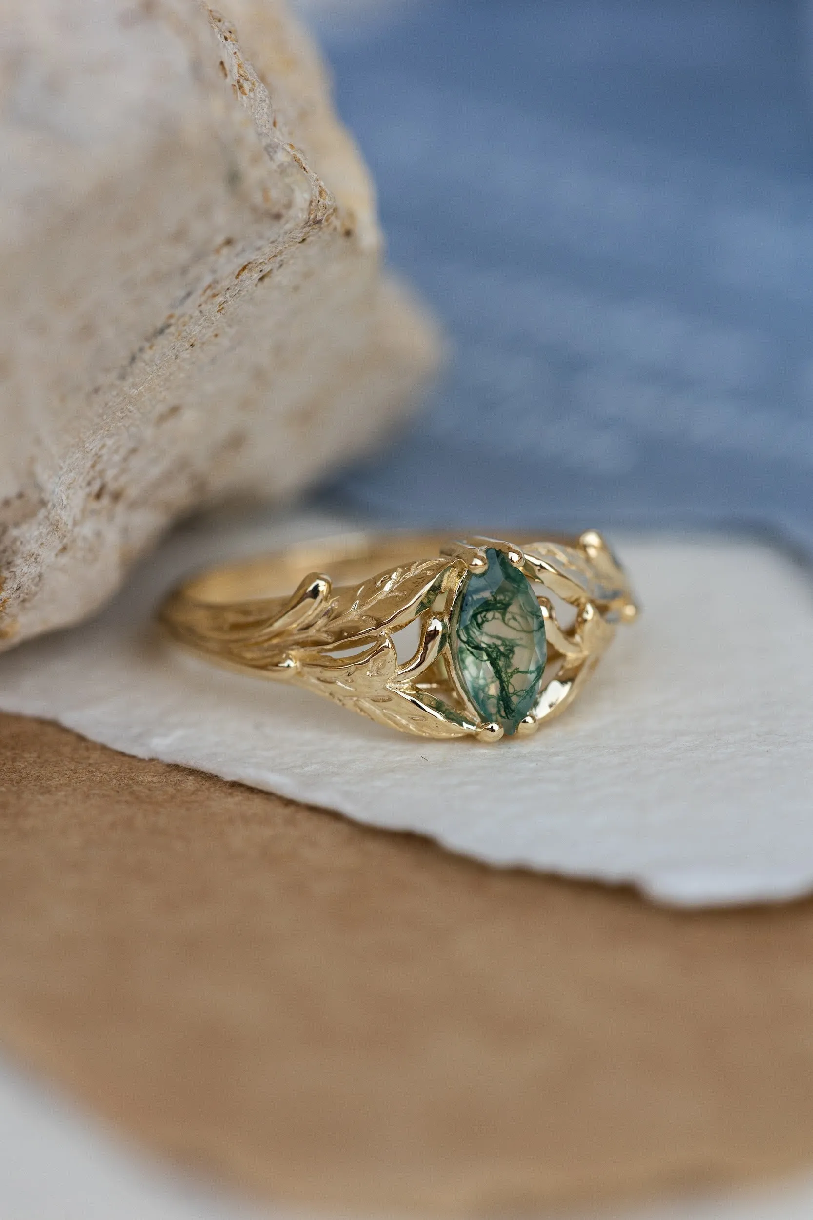 READY TO SHIP: Wisteria ring in 14K yellow gold, natural moss agate marquise cut 8x4 mm, AVAILABLE SIZES: 6-8US