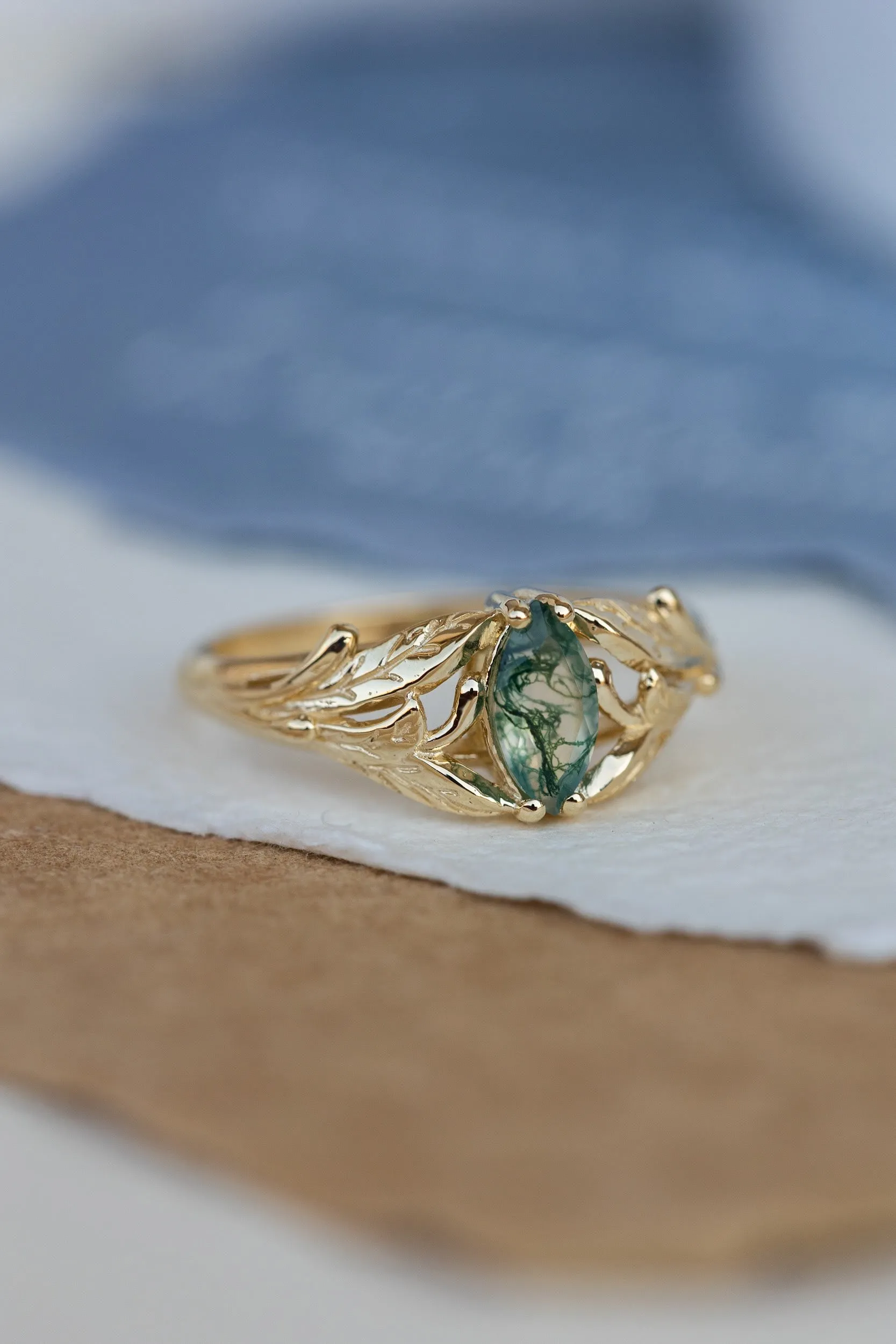 READY TO SHIP: Wisteria ring in 14K yellow gold, natural moss agate marquise cut 8x4 mm, AVAILABLE SIZES: 6-8US