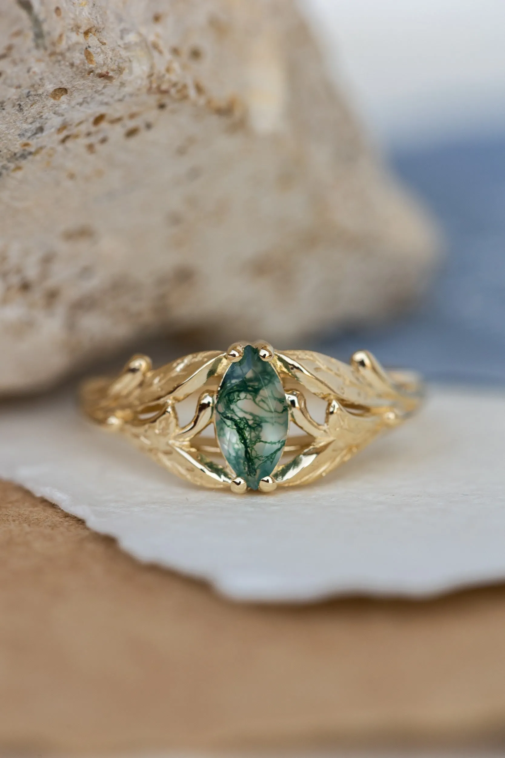 READY TO SHIP: Wisteria ring in 14K yellow gold, natural moss agate marquise cut 8x4 mm, AVAILABLE SIZES: 6-8US