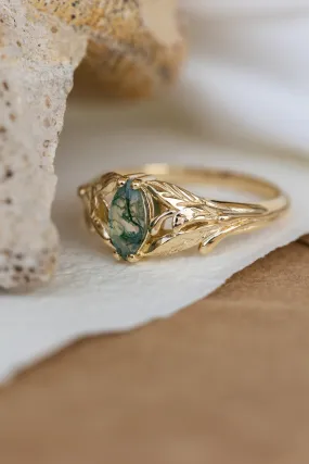 READY TO SHIP: Wisteria ring in 14K yellow gold, natural moss agate marquise cut 8x4 mm, AVAILABLE SIZES: 6-8US