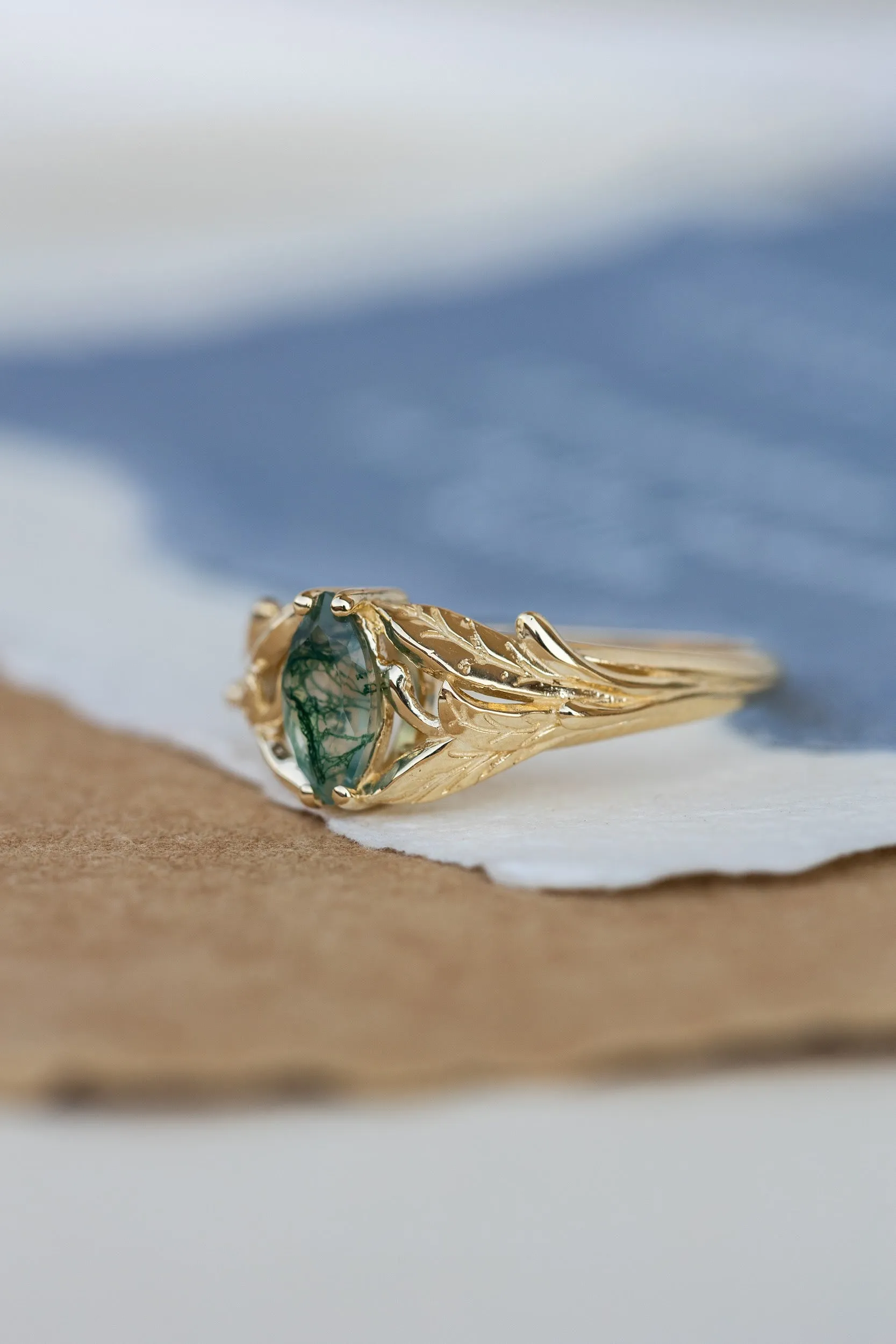 READY TO SHIP: Wisteria ring in 14K yellow gold, natural moss agate marquise cut 8x4 mm, AVAILABLE SIZES: 6-8US