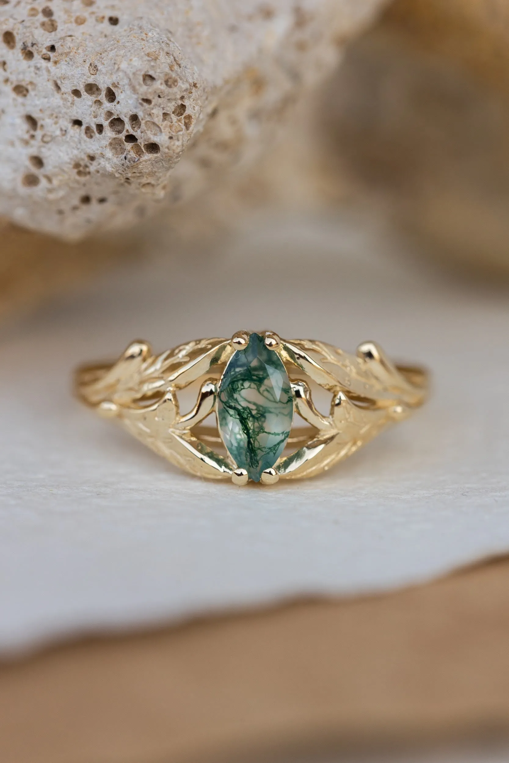 READY TO SHIP: Wisteria ring in 14K yellow gold, natural moss agate marquise cut 8x4 mm, AVAILABLE SIZES: 6-8US