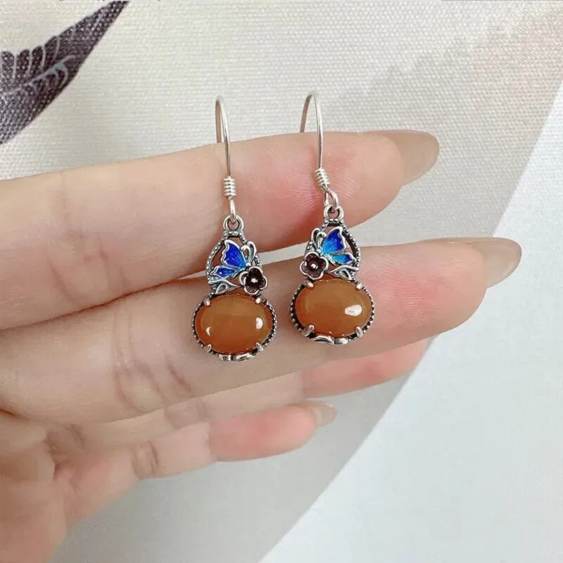 Retro Ethnic Style Butterfly Flower Amber 925 Sterling Earrings