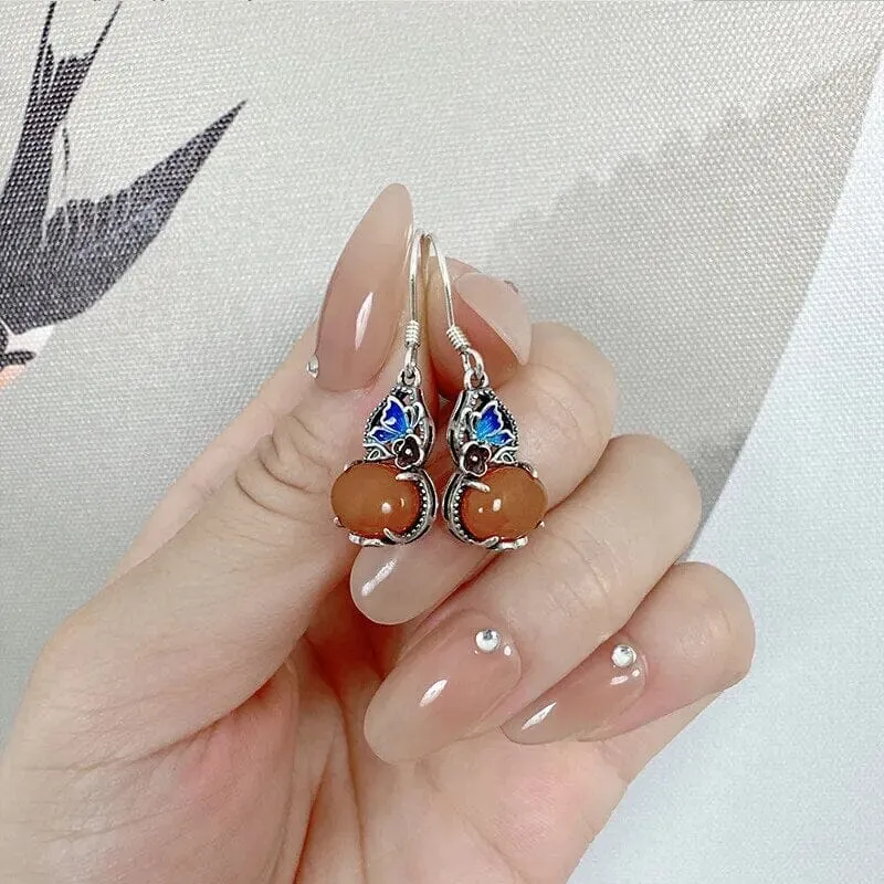 Retro Ethnic Style Butterfly Flower Amber 925 Sterling Earrings