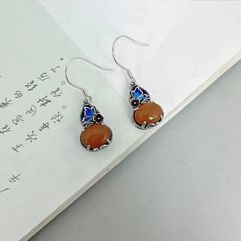 Retro Ethnic Style Butterfly Flower Amber 925 Sterling Earrings