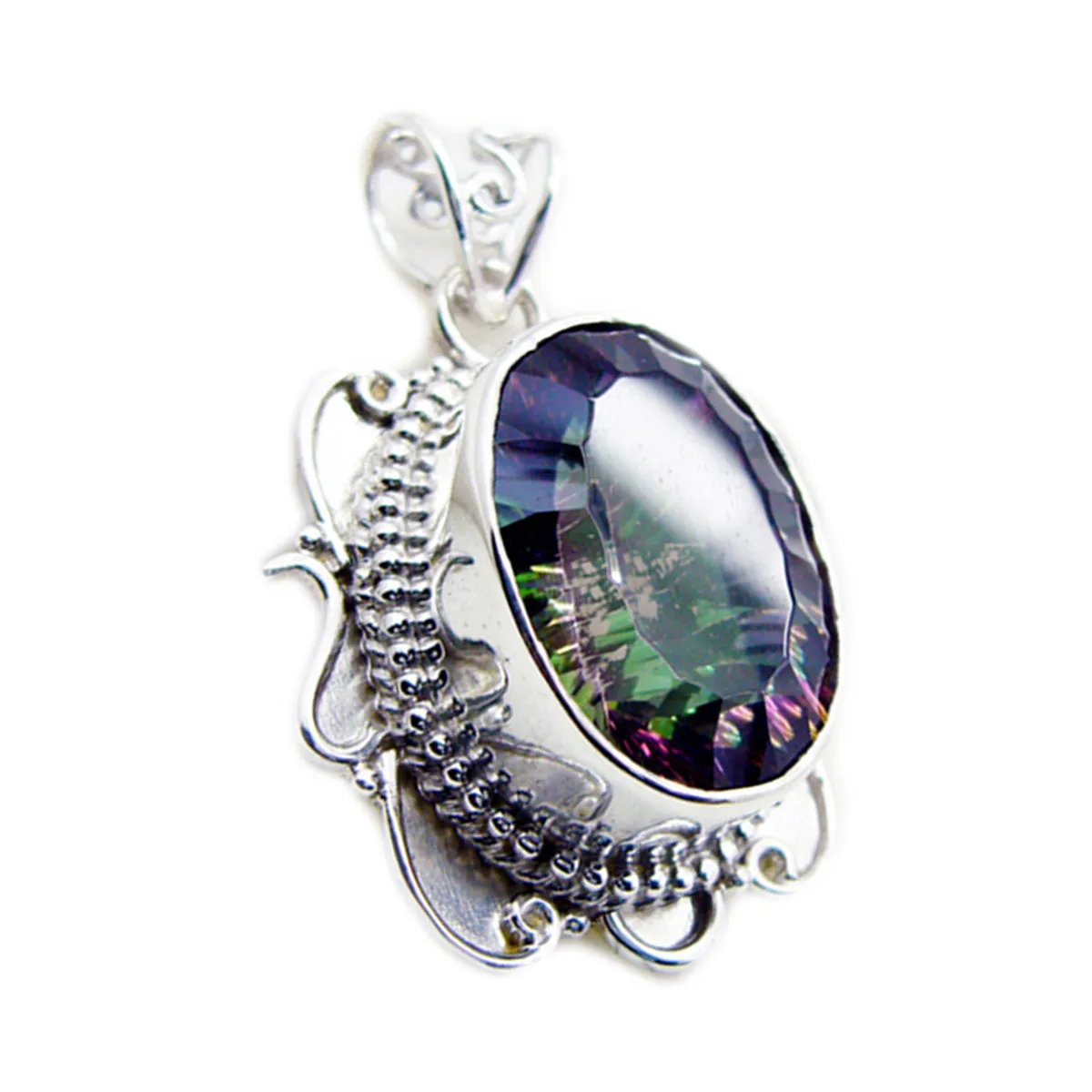 Riyo Aesthetic Gemstone Oval Faceted Multi Color Mystic Quartz Sterling Silver Pendant Gift For Women