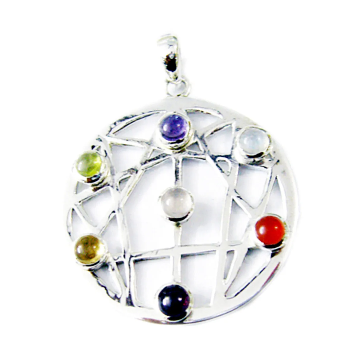 Riyo Aesthetic Gemstone Round Cabochon Multi Color Multi Stone Sterling Silver Pendant Gift For Christmas