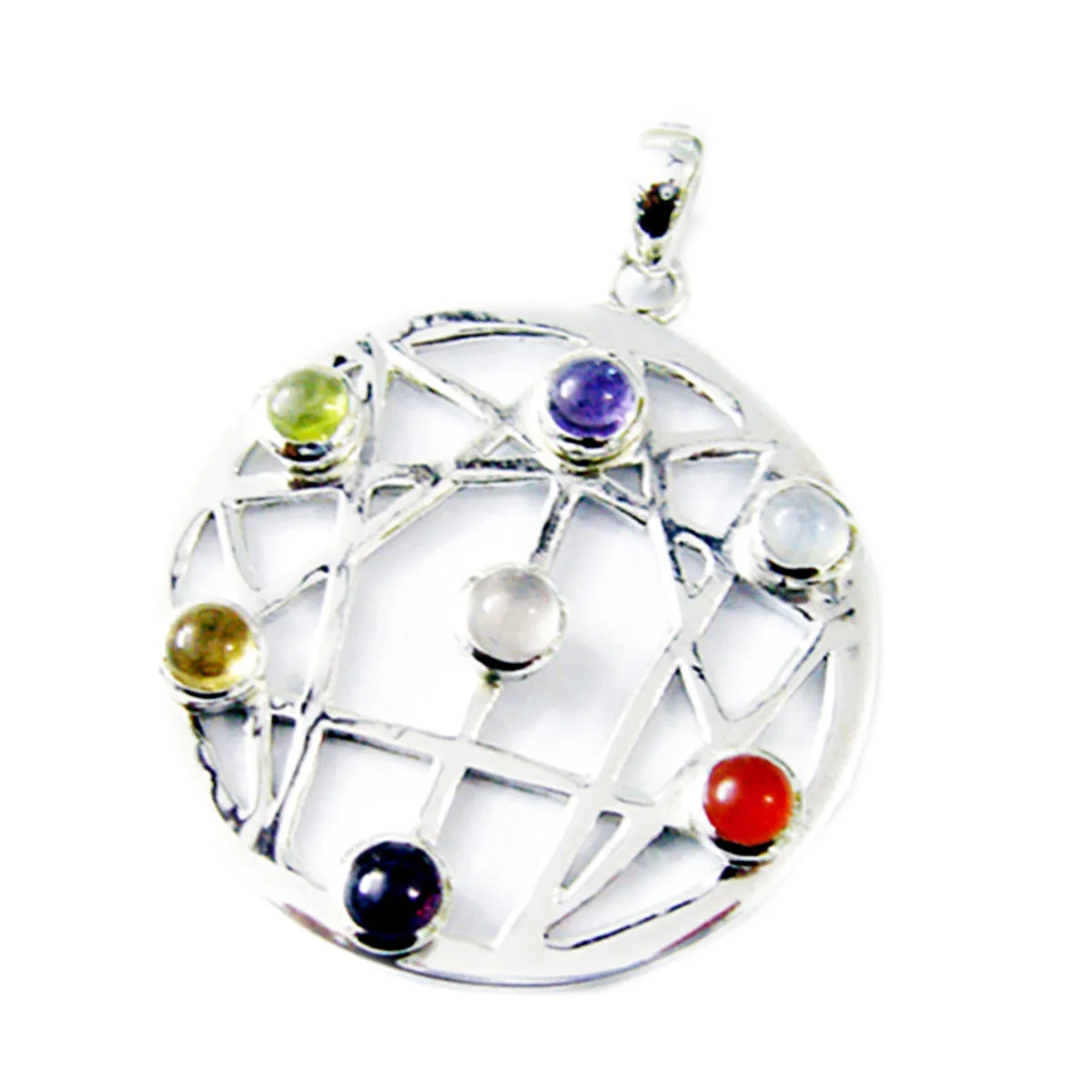 Riyo Aesthetic Gemstone Round Cabochon Multi Color Multi Stone Sterling Silver Pendant Gift For Christmas