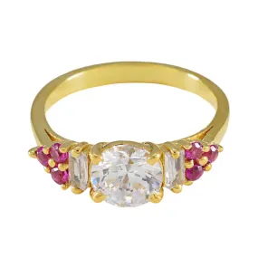 Stylish Ruby CZ Stone Ring with Yellow Gold Plating on Attractive Silver - Round Prong Setting Jewelry - Perfect Valentines Day Gift