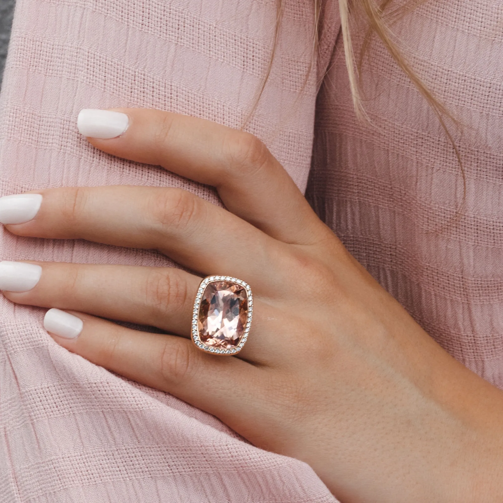 Rose Gold Morganite & Diamond Halo Ring