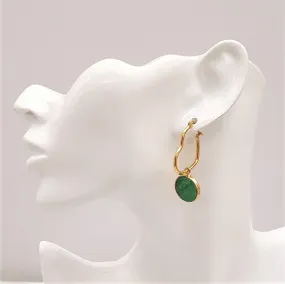 Round Green Druzy Agate Single Drop Heart Hoop Earrings