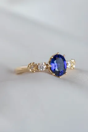 Royal blue sapphire engagement ring, flower promise ring with lab sapphire and diamonds / Fiorella