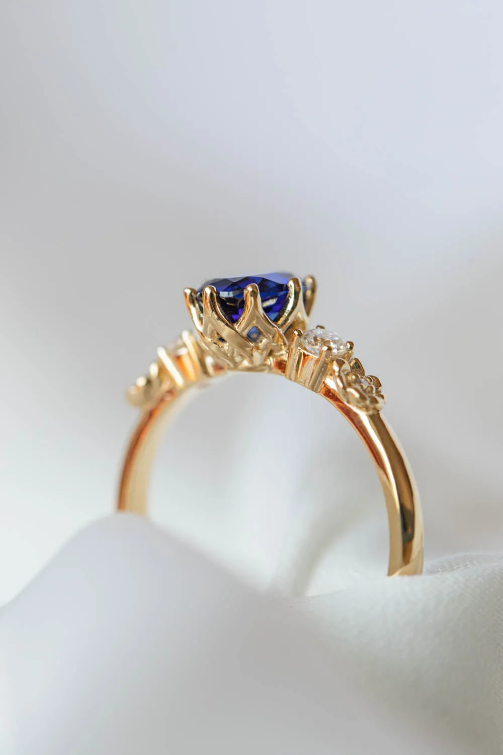 Royal blue sapphire engagement ring, flower promise ring with lab sapphire and diamonds / Fiorella