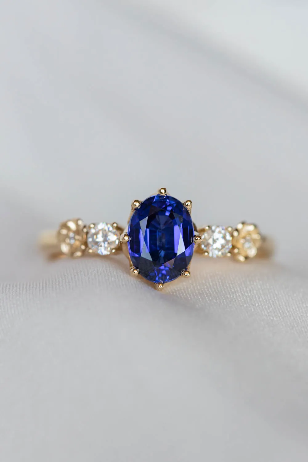 Royal blue sapphire engagement ring, flower promise ring with lab sapphire and diamonds / Fiorella