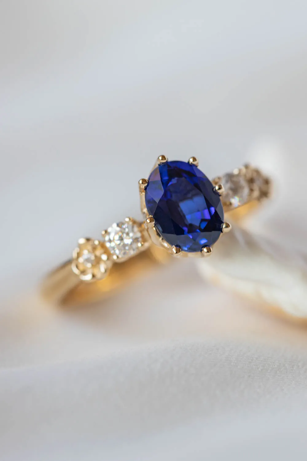 Royal blue sapphire engagement ring, flower promise ring with lab sapphire and diamonds / Fiorella