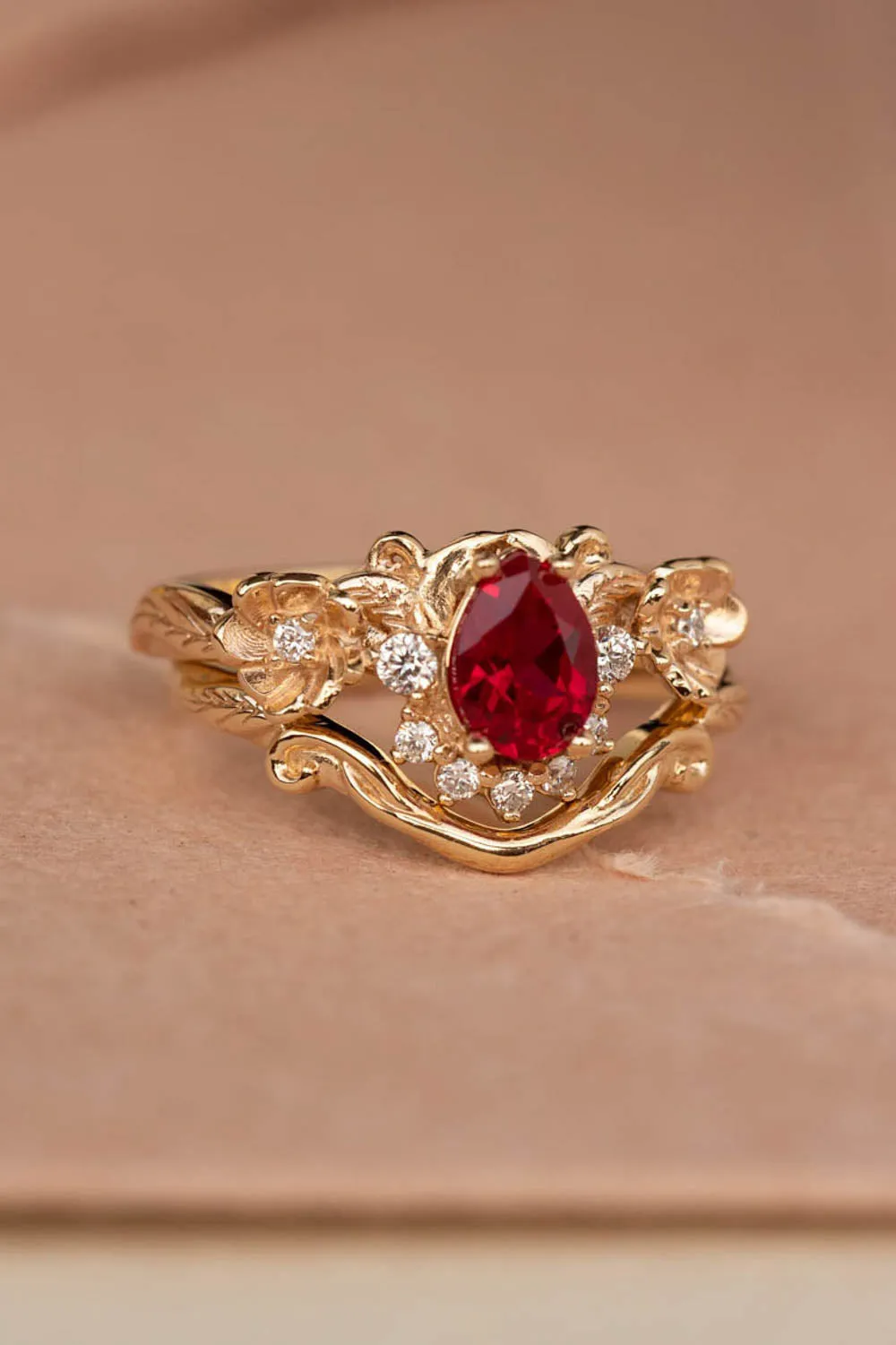 Ruby and crown diamonds engagement ring, gold flower proposal ring / Adelina