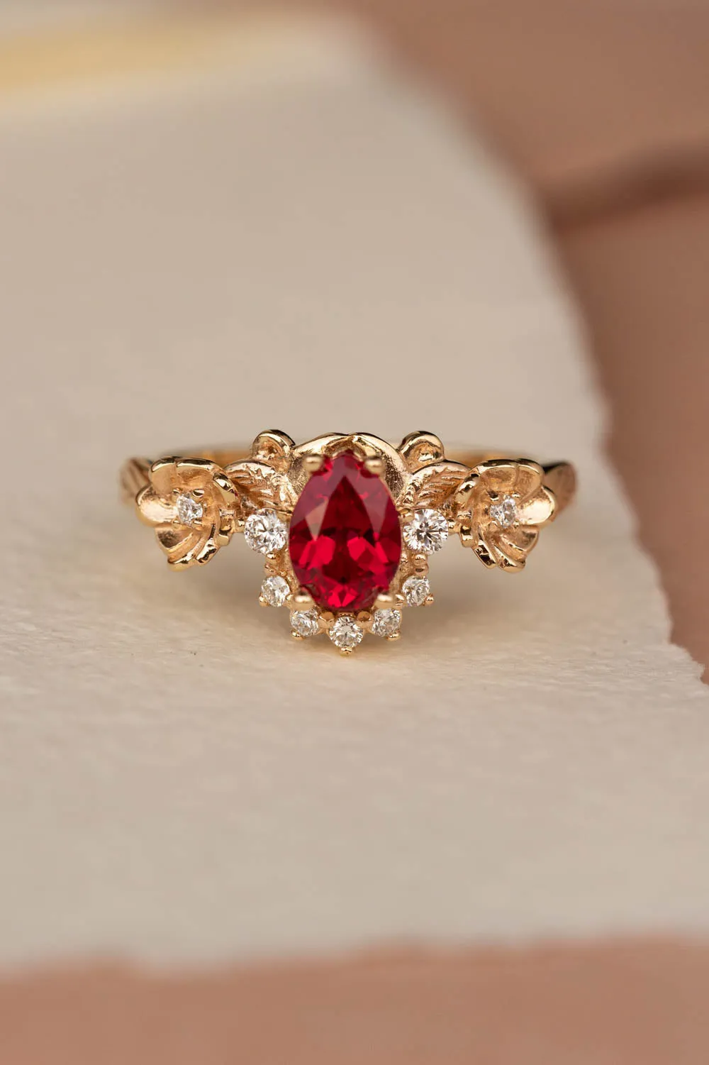 Ruby and crown diamonds engagement ring, gold flower proposal ring / Adelina