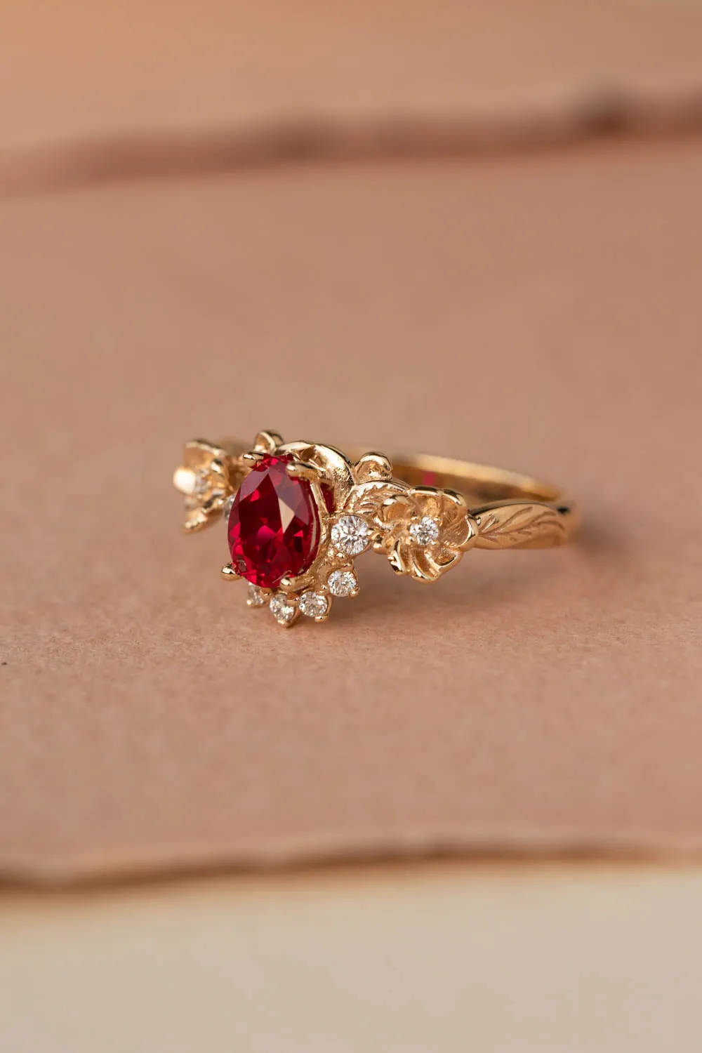 Ruby and crown diamonds engagement ring, gold flower proposal ring / Adelina