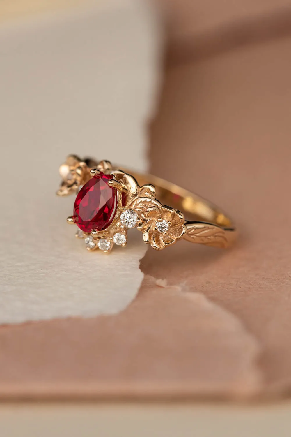 Ruby and crown diamonds engagement ring, gold flower proposal ring / Adelina