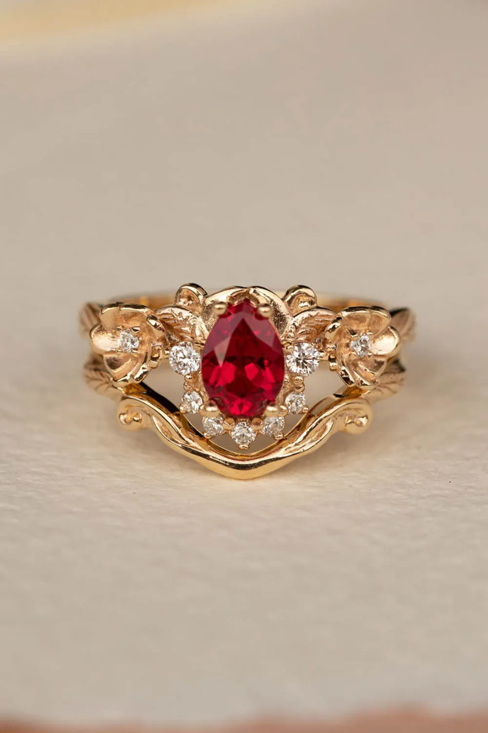 Ruby and crown diamonds engagement ring, gold flower proposal ring / Adelina