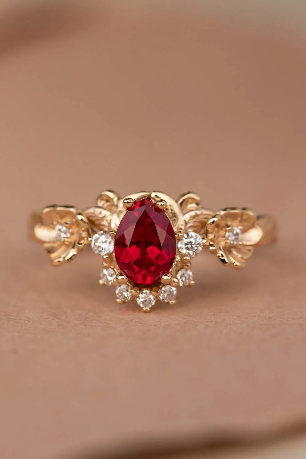 Ruby and crown diamonds engagement ring, gold flower proposal ring / Adelina