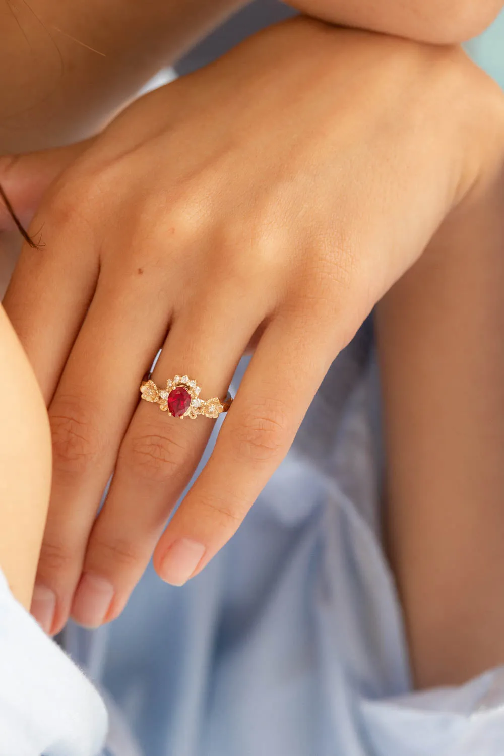 Ruby and crown diamonds engagement ring, gold flower proposal ring / Adelina