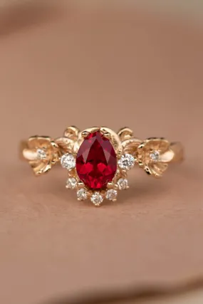 Ruby and crown diamonds engagement ring, gold flower proposal ring / Adelina