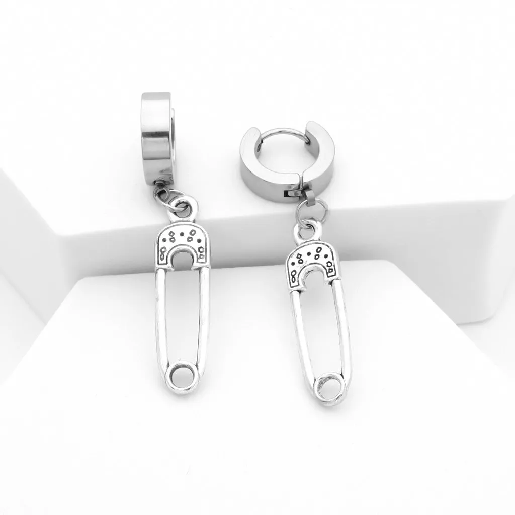 Safety Pin Dangle Huggie Hoop Earrings