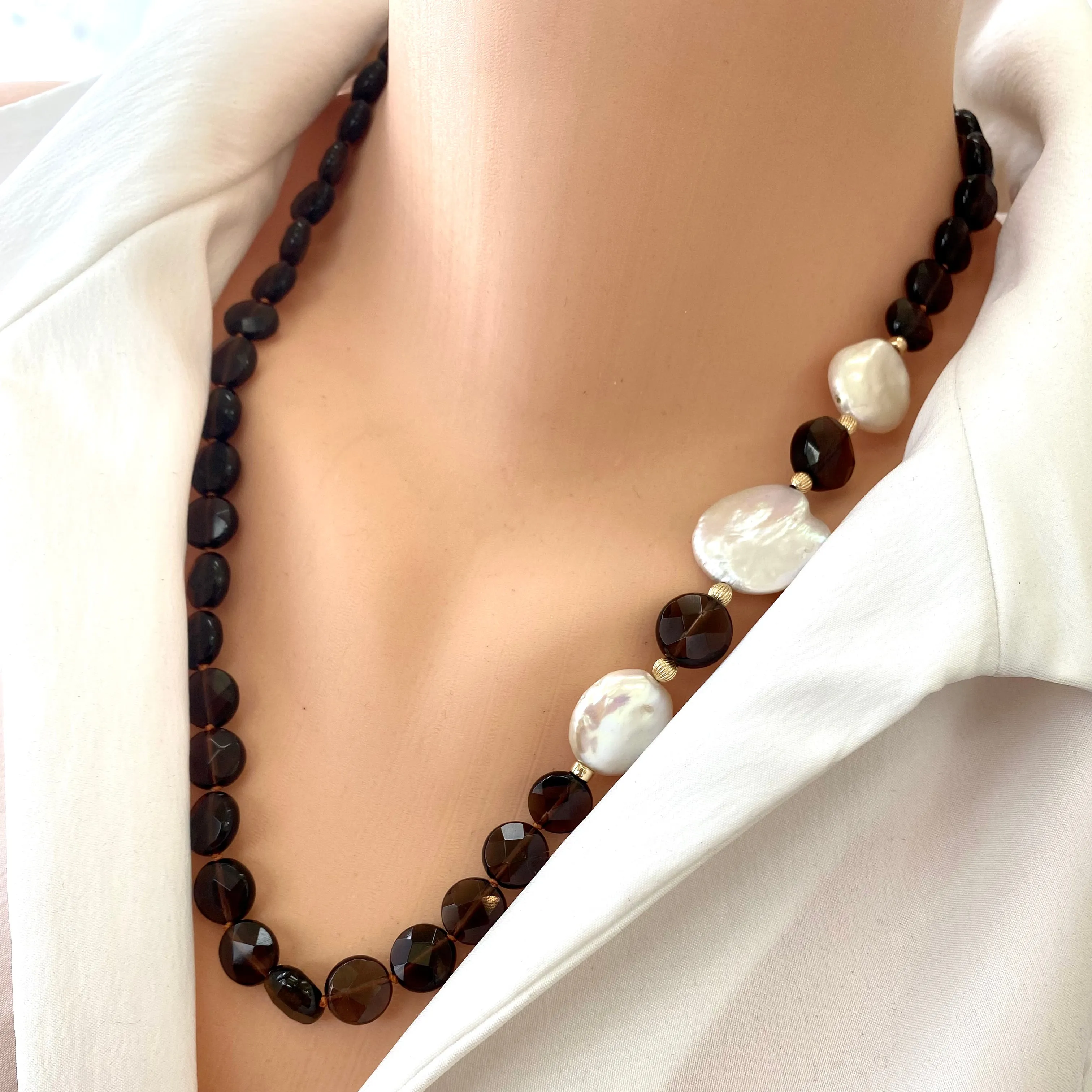 Smoky Quartz Flat Coin Beads & Fresh Water Coin Pearls Short Necklace, Gold Filled Details, 22inches